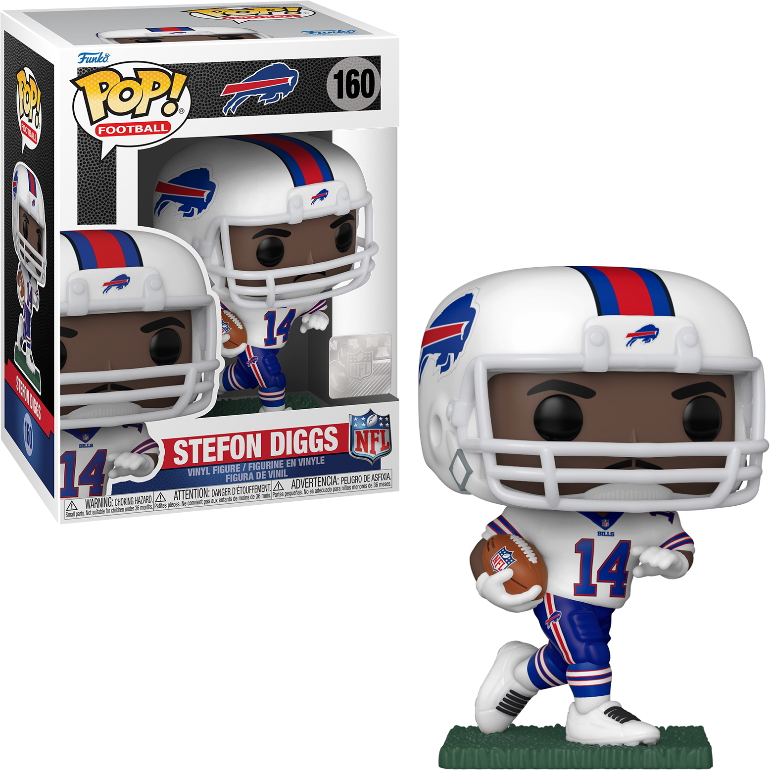 Stefon Diggs Funko Pop Figur in einer Box. Er hält einen Football und trägt ein Bills-Trikot.