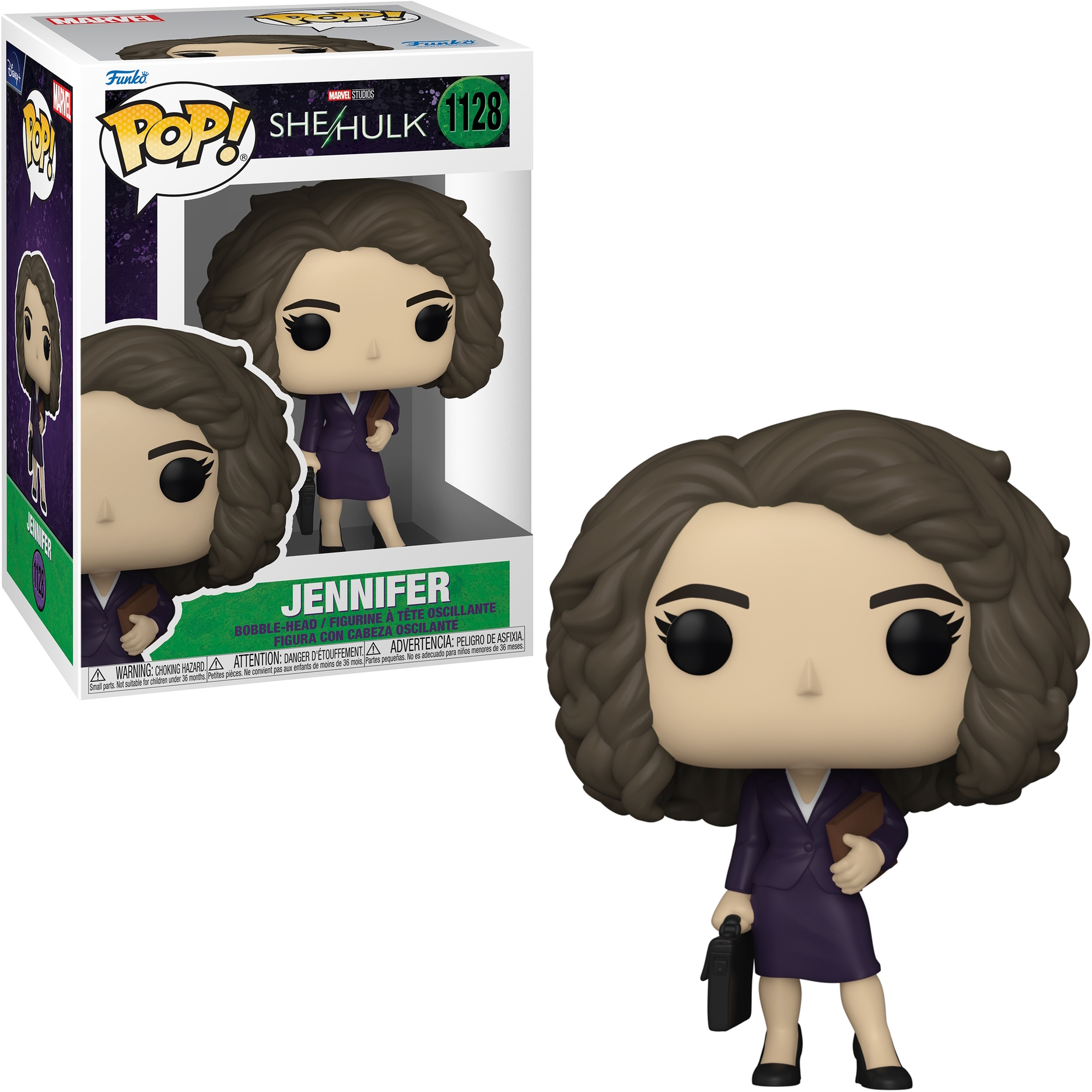Figura She-Hulk Funko Pop in una scatola. La figura è di una donna in abito viola, che tiene una valigetta.