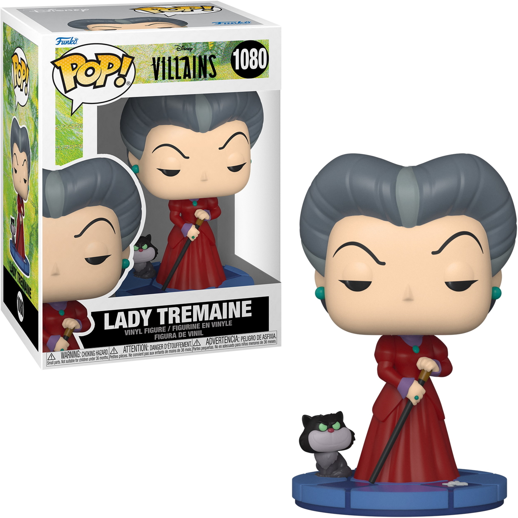 Lady Tremaine Funko Pop figure in red dress, with black cat, and a box.