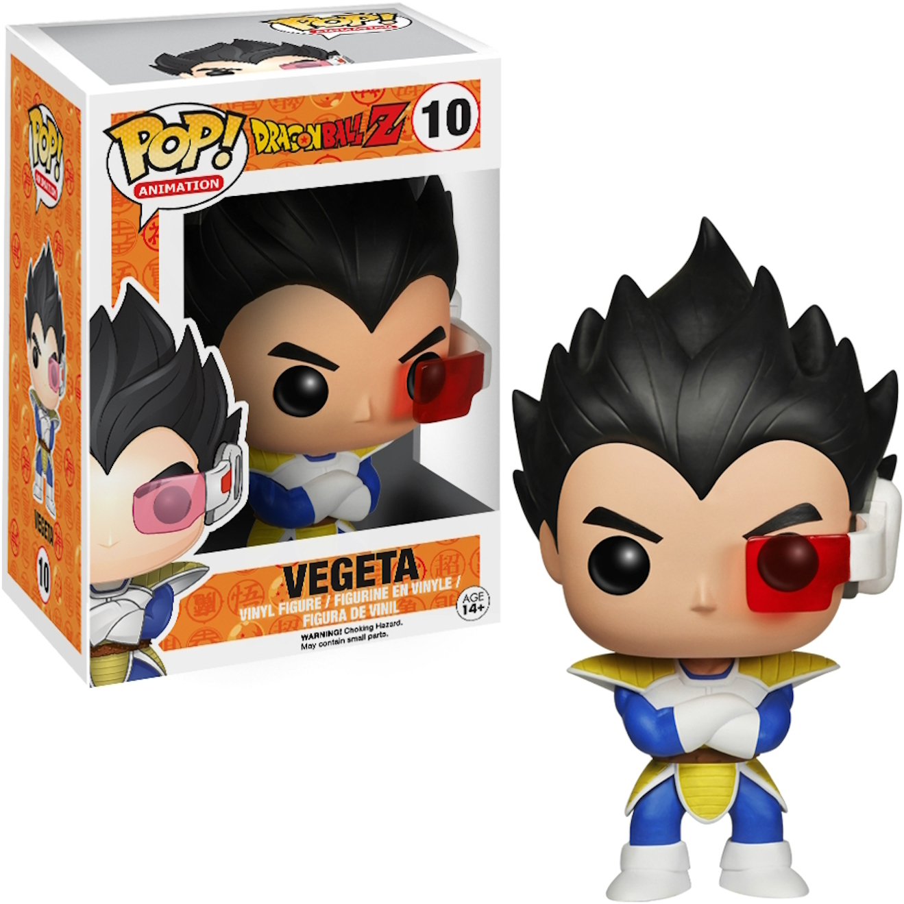 Figurka Funko Pop Vegeta. Ma kolczaste czarne włosy i nosi niebiesko-biały strój z czerwoną osłoną.
