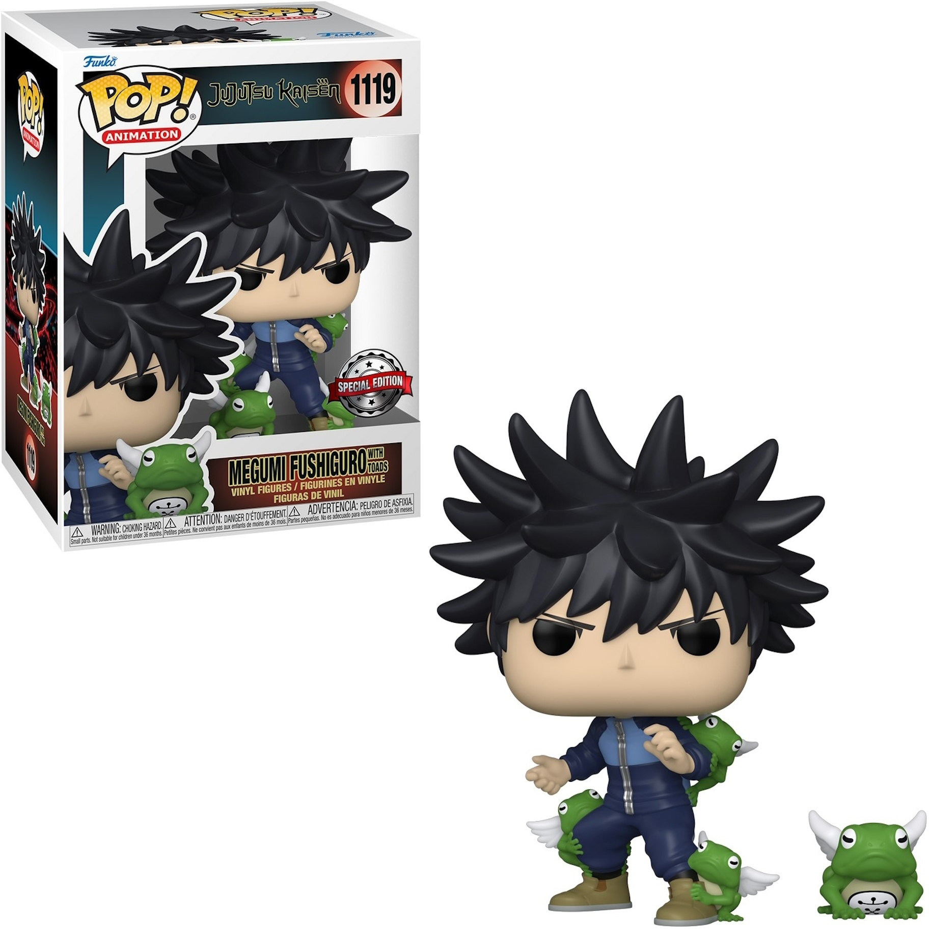 Megumi Fushiguro Funko Pop Figur, Box und Figur. Schwarzes, stacheliges Haar, blaues Outfit und Froschakzente.