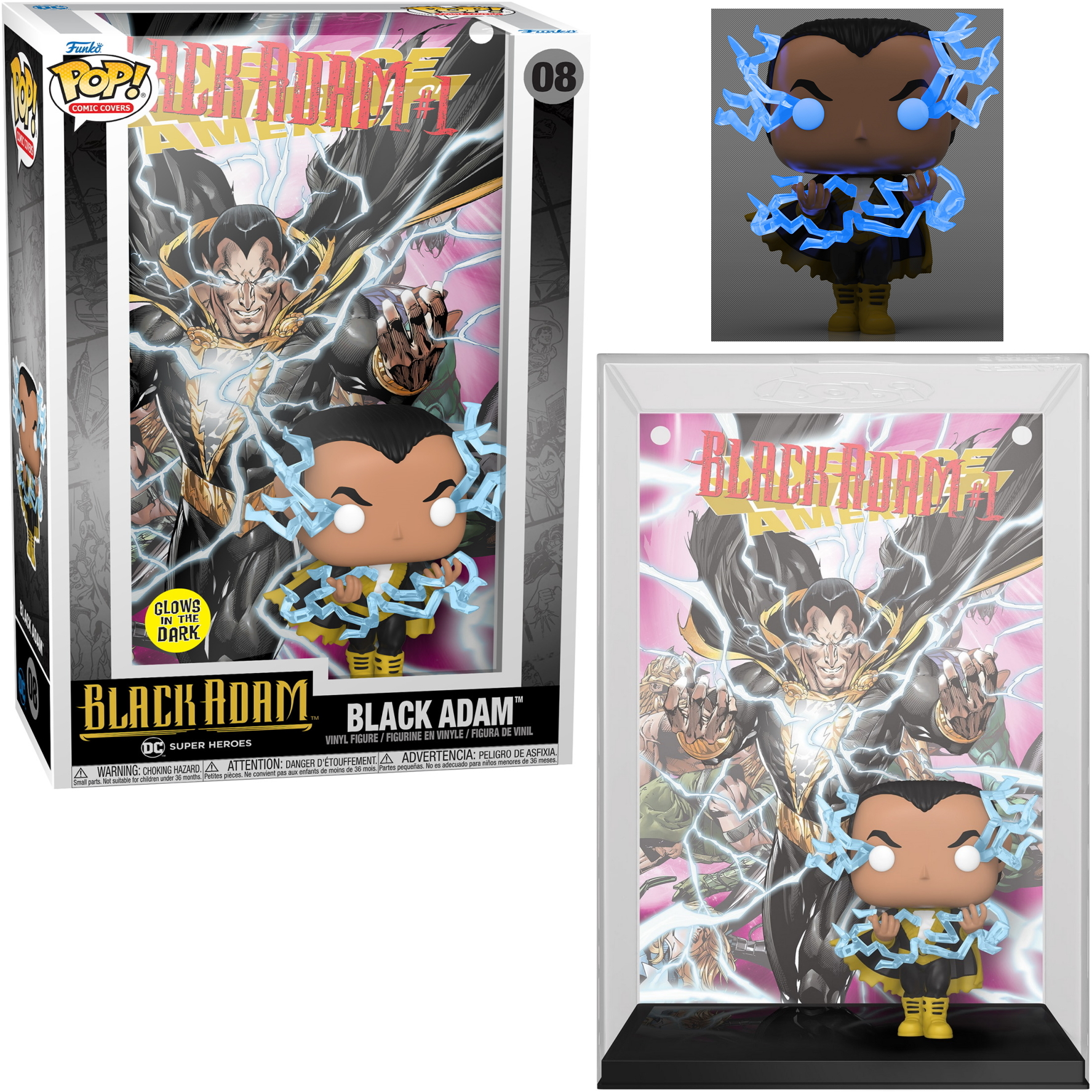 Black Adam Funko Pop-Figur in Verpackung und separater Vitrine. Mit Blitzeffekten.