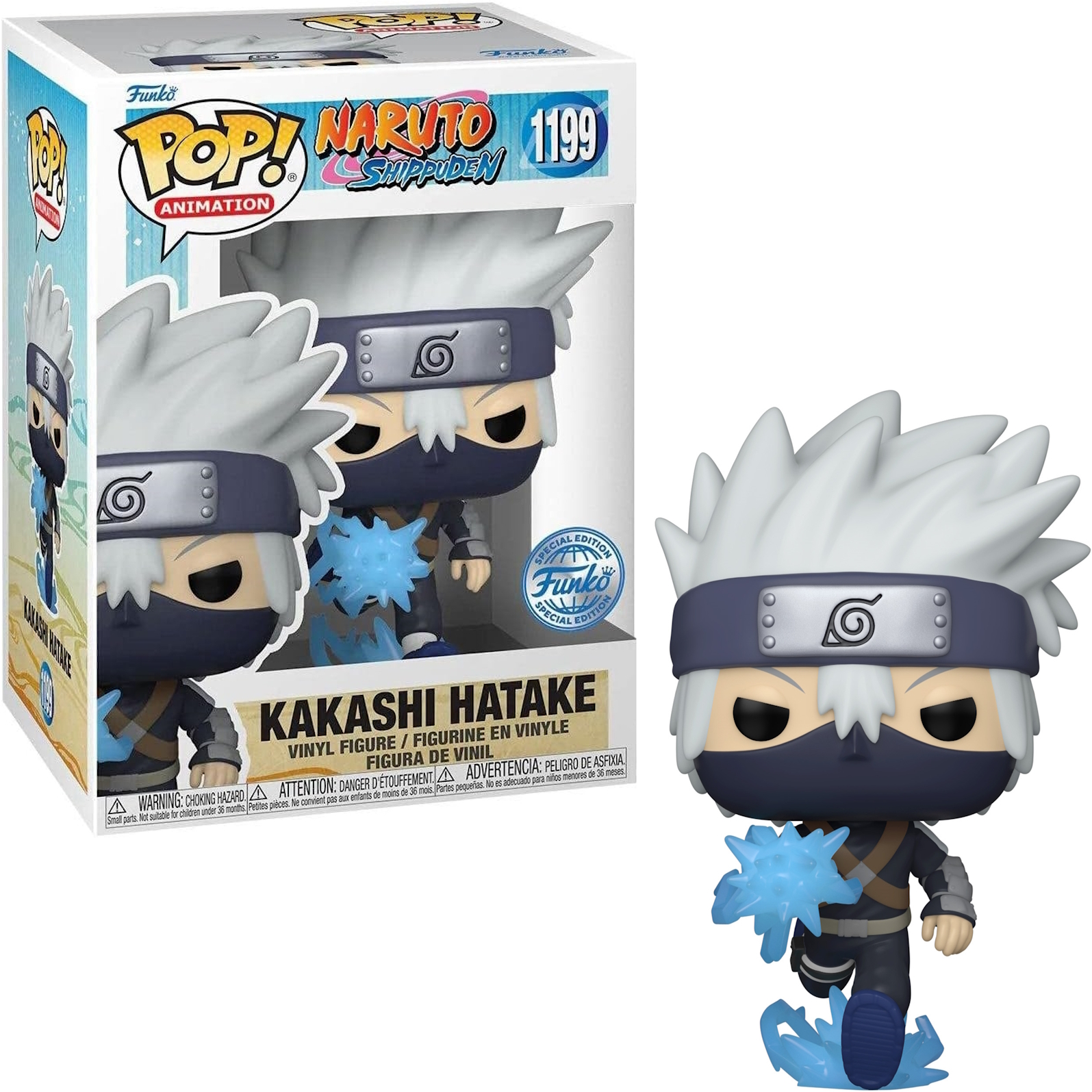 Funko Pop! Kakashi Hatake Figur in Box und als Figur mit blauen Effekten.