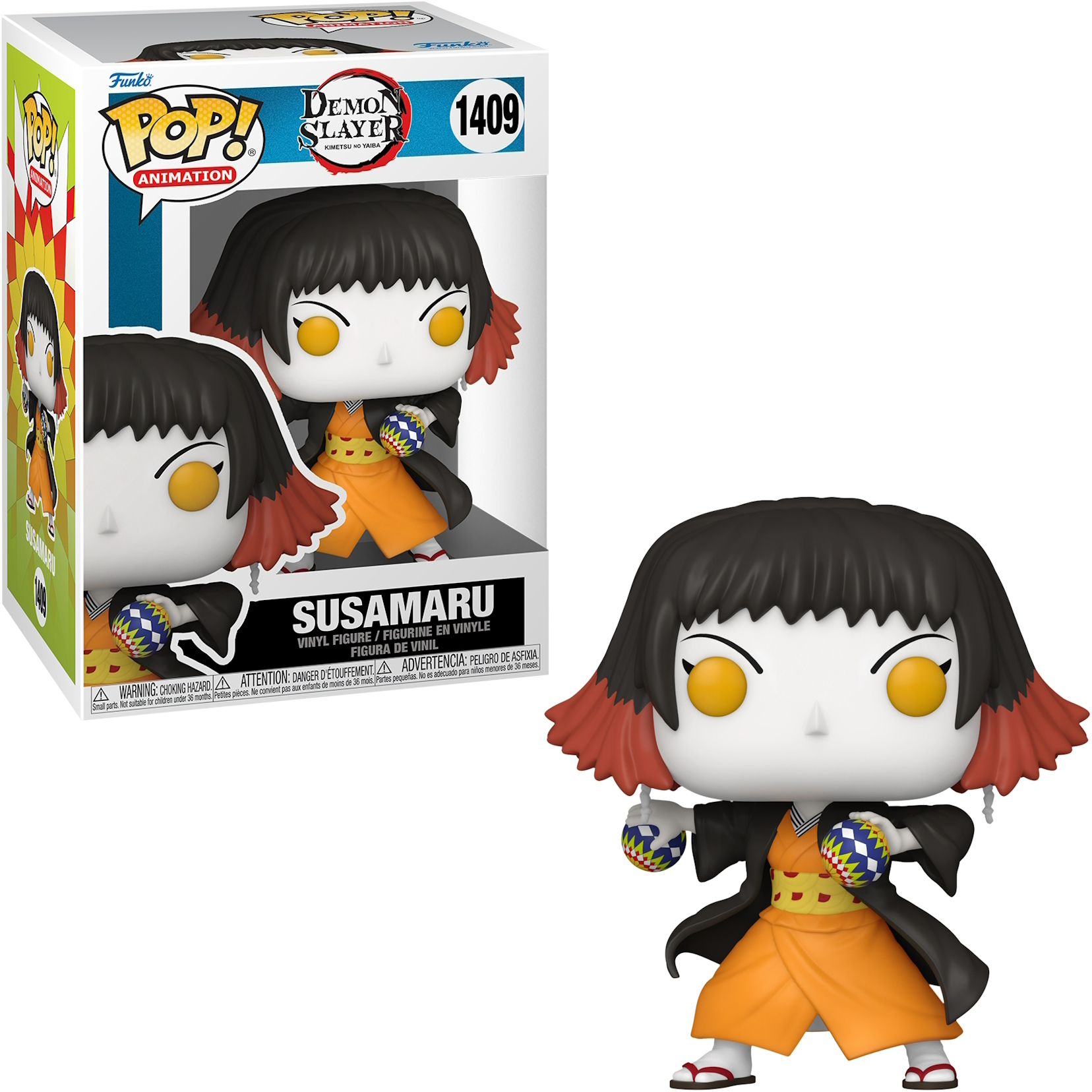 Figura Susamaru Funko Pop en caja y fuera. Cabello negro, kimono naranja y sosteniendo bolas.