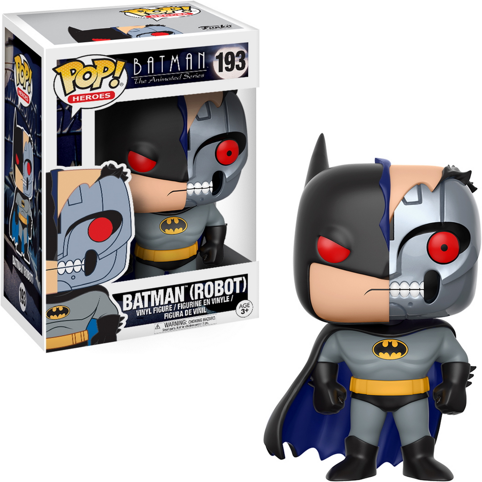 Batman (Roboter) Funko Pop Figur mit einer Box. Die Figur ist halb Roboter und halb Batman.