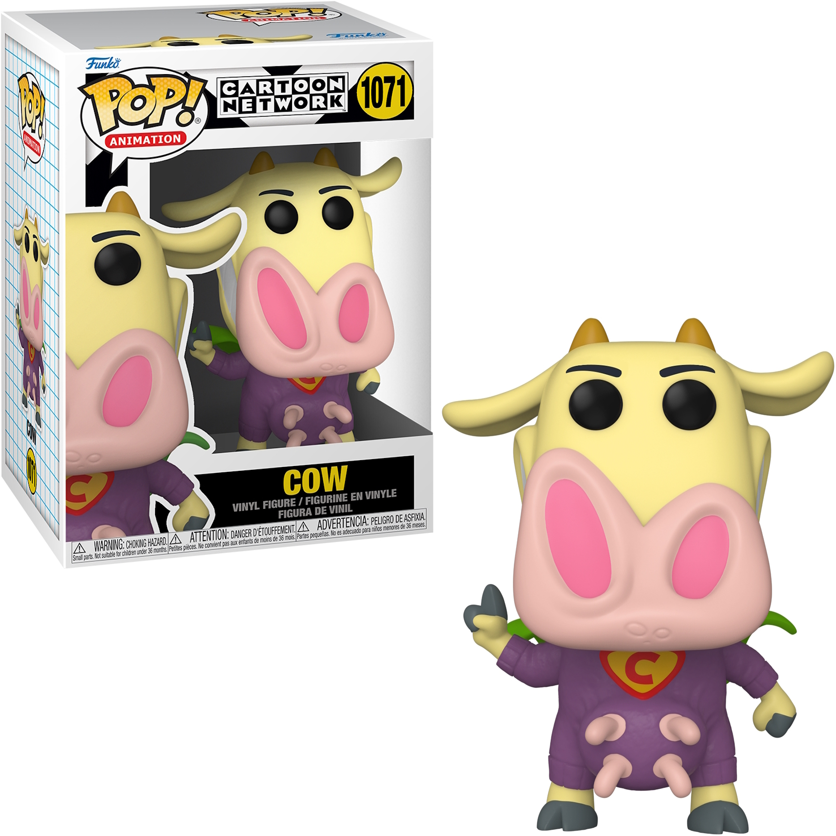 Kuh Funko Pop Figur. Cartoon Network Thema. Kuh im lila Anzug, mit Box.