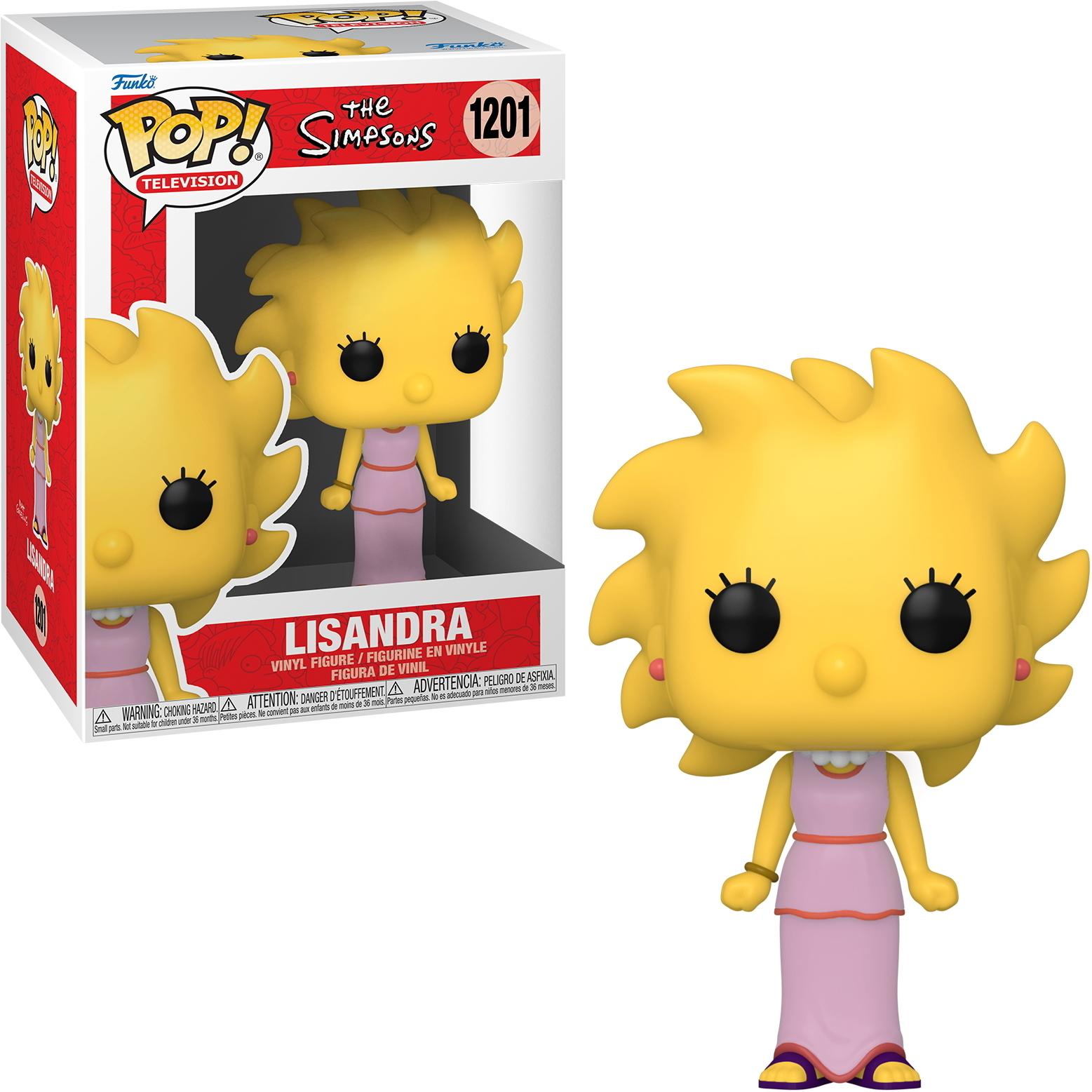 Funko Pop di Lisandra de I Simpson. Indossa un abito rosa e ha i capelli gialli. Sfondo bianco.