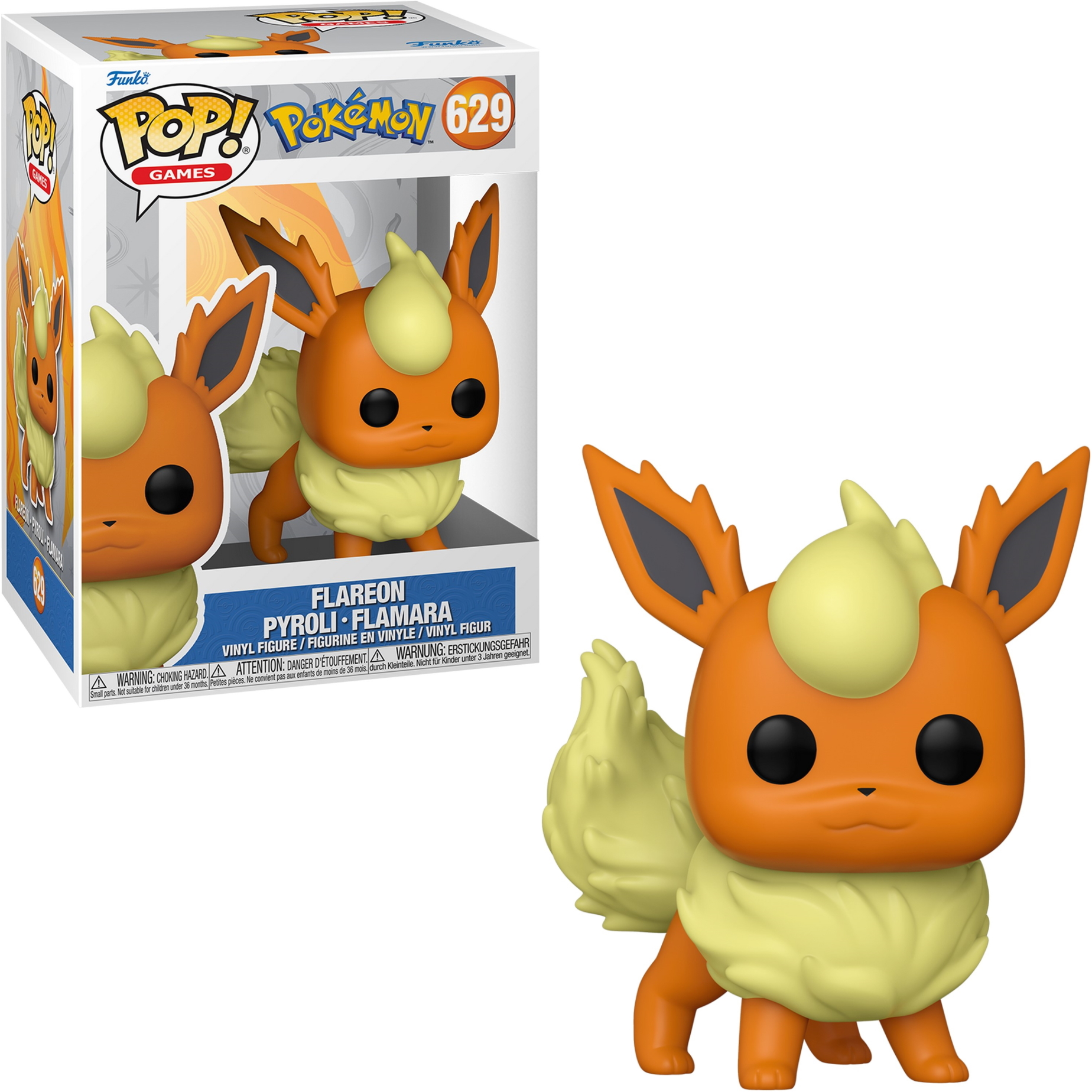 Una figura Funko Pop di Flareon, un Pokémon. È arancione e giallo, in una scatola e in mostra.