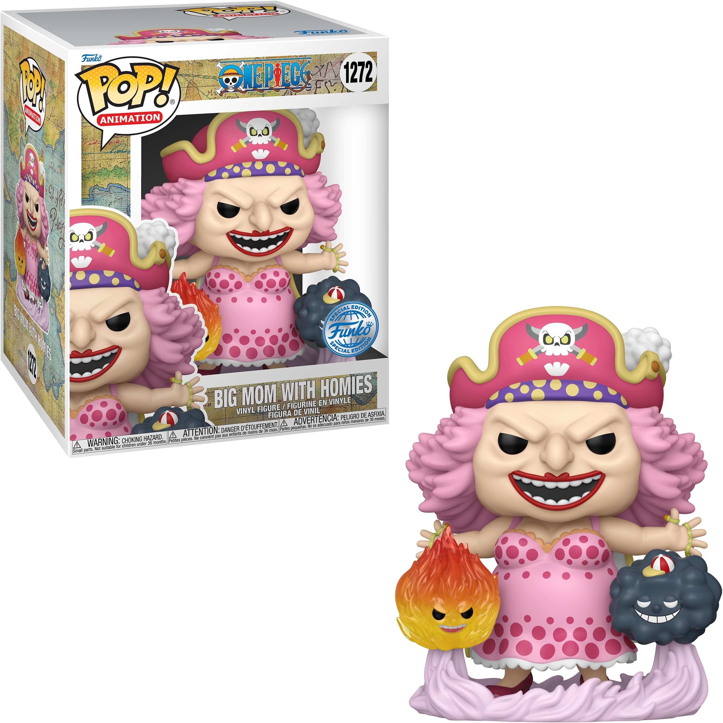 Funko Pop von Big Mom mit Homies, rosa Kleid und Funko-Box im Hintergrund.