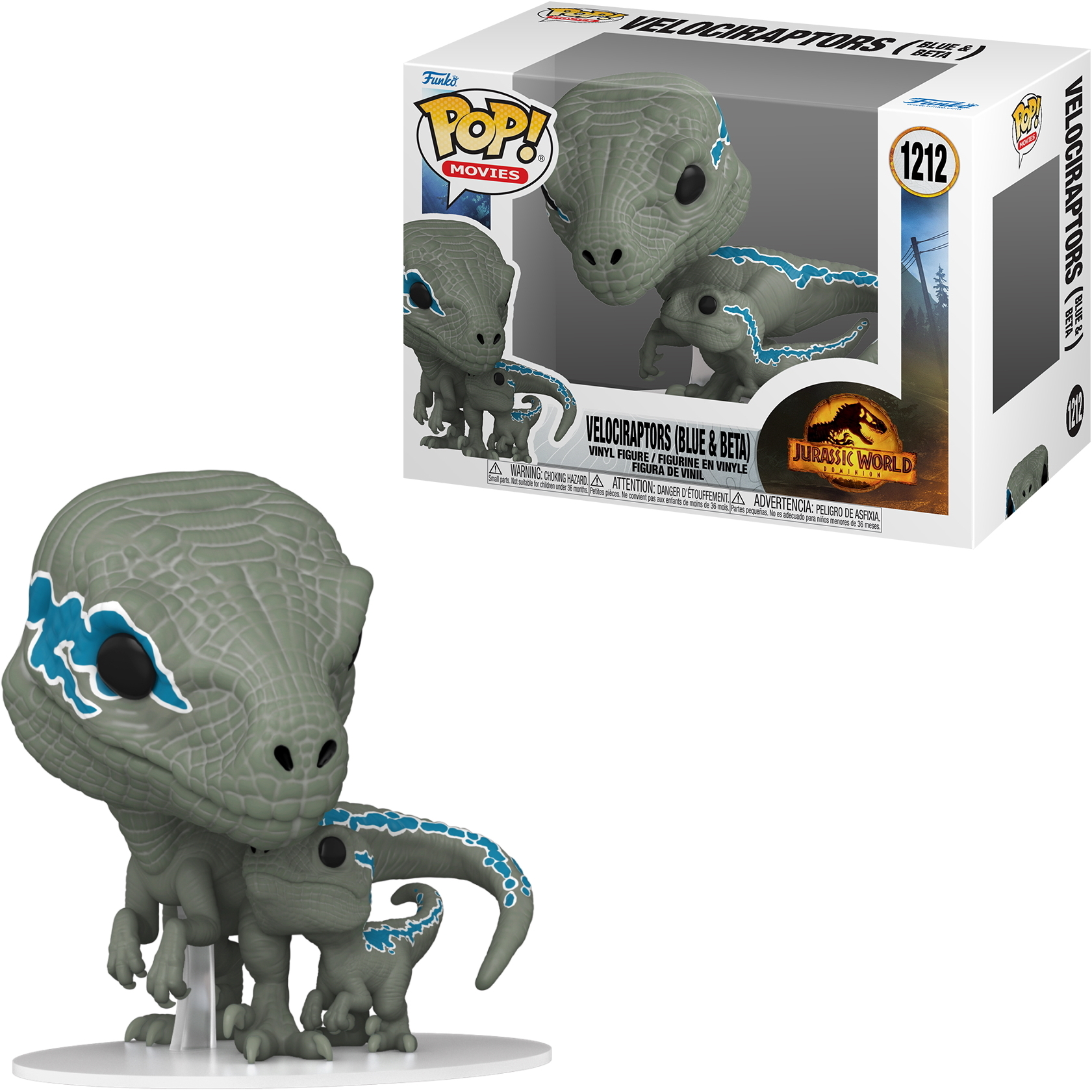 Personaggi Funko Pop di Velociraptor (Blu e Beta). Una figura grande con due più piccole davanti alla scatola.