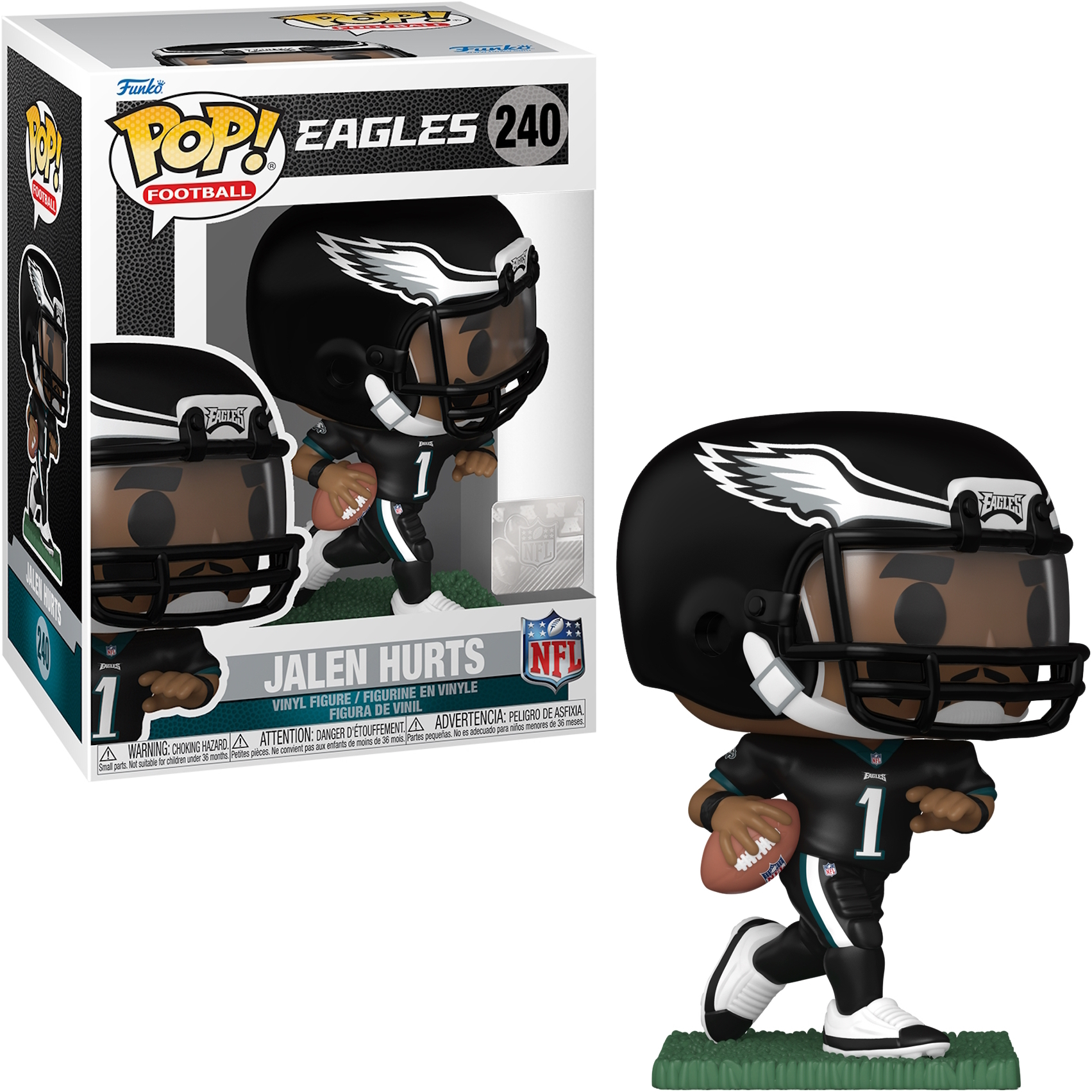 Jalen Hurts Funko Pop Figur in Box. Er trägt ein schwarzes Trikot und Helm und hält einen Football.