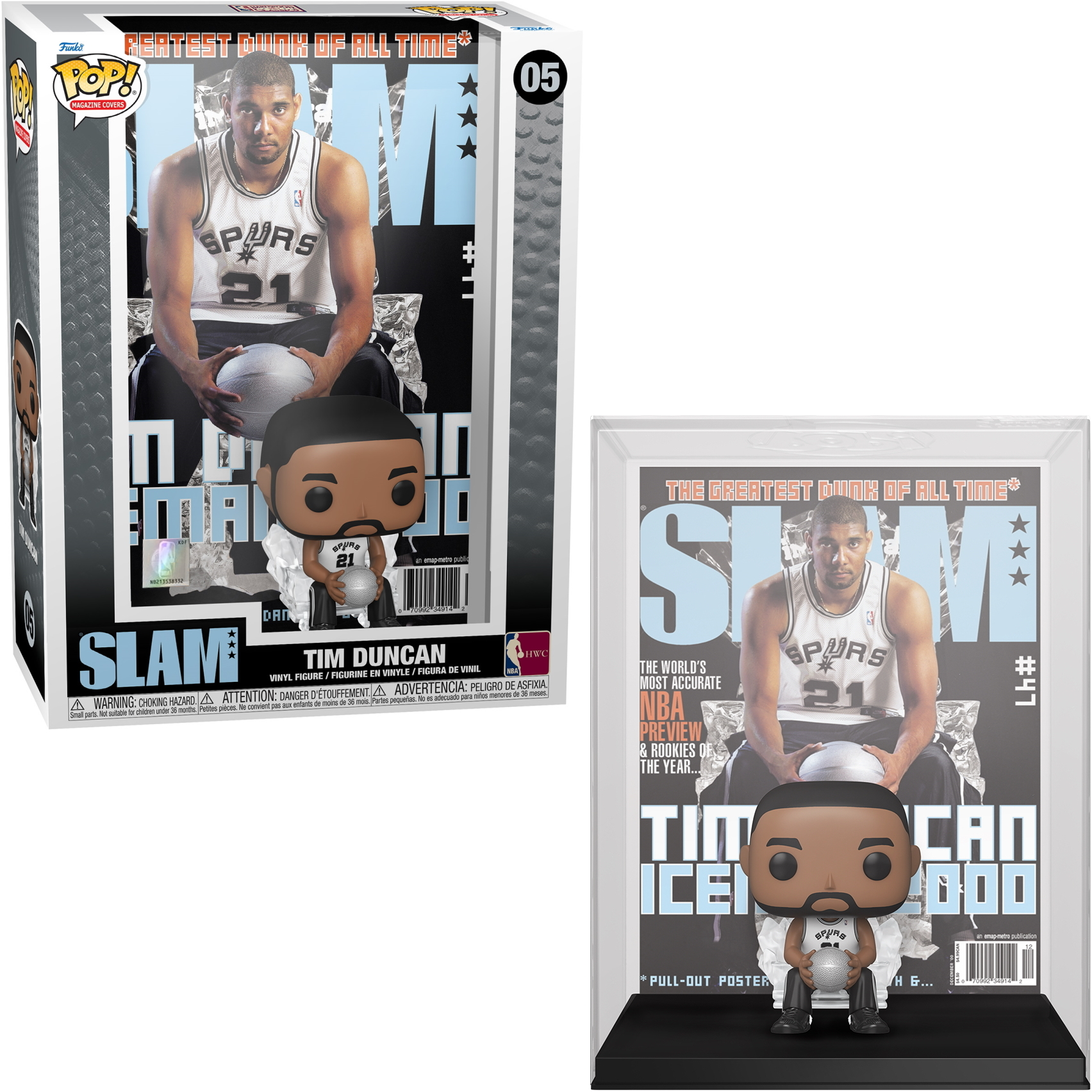Funko Pop von Tim Duncan mit Spurs-Trikot, in Box und ausgestellt, auf einem Zeitschriften-Cover.