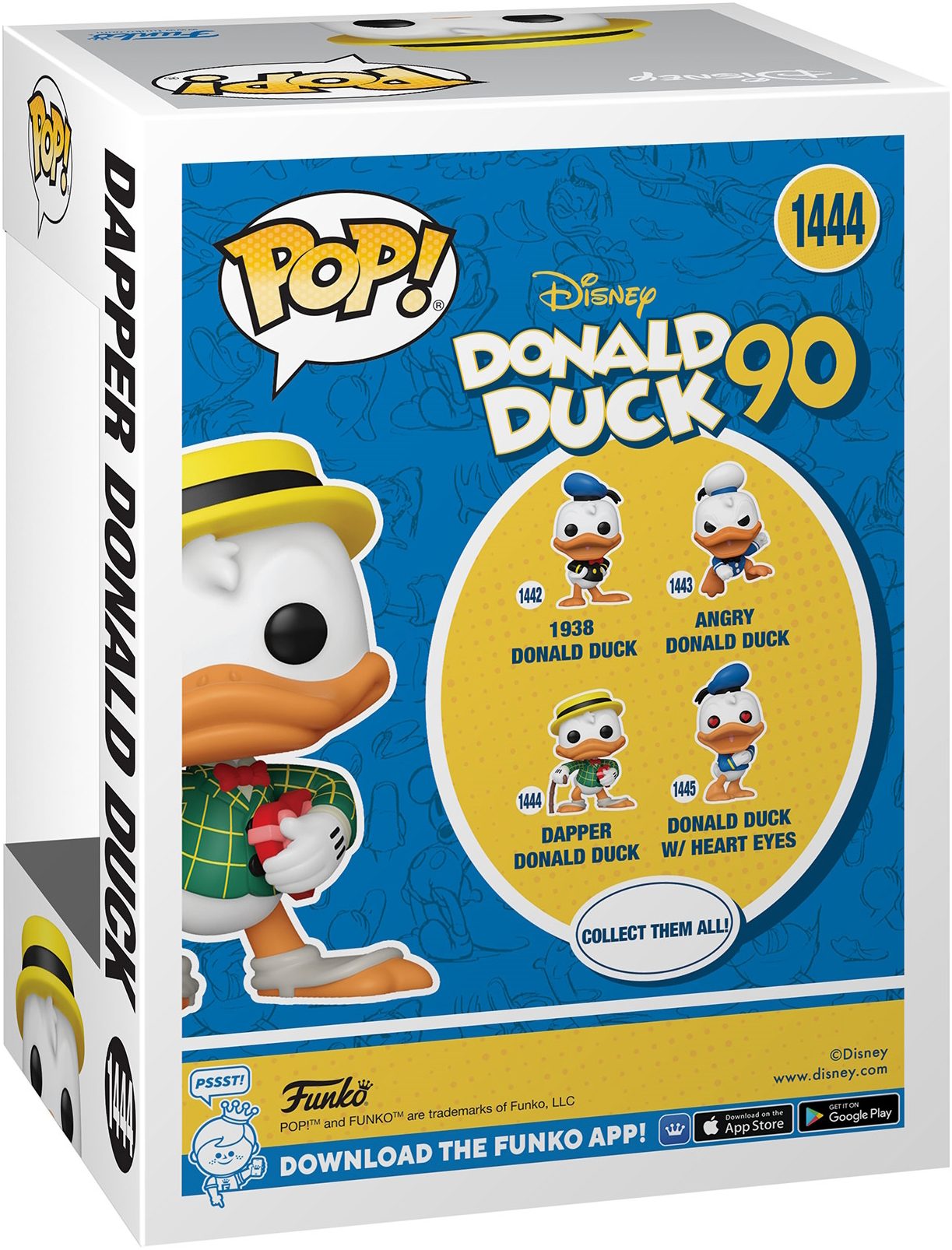 Funko Pop! Figura Paperino Dandy con scatola sullo sfondo. La scatola mostra altre figure di Paperino.