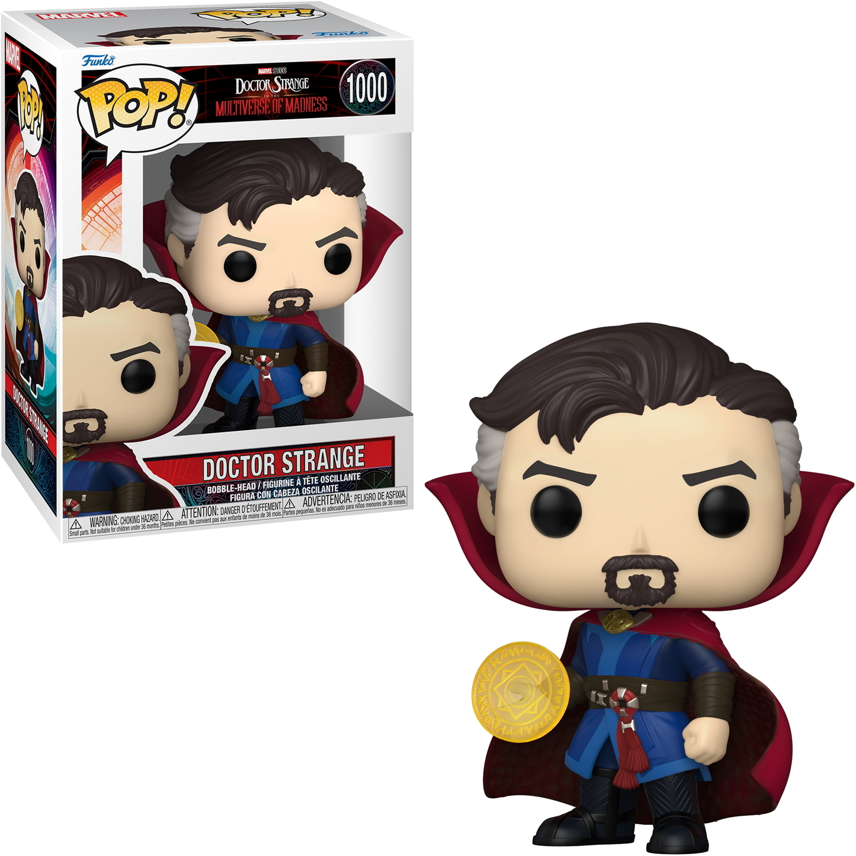 Figura Funko Pop di Doctor Strange con scatola, mantello rosso, in mostra.