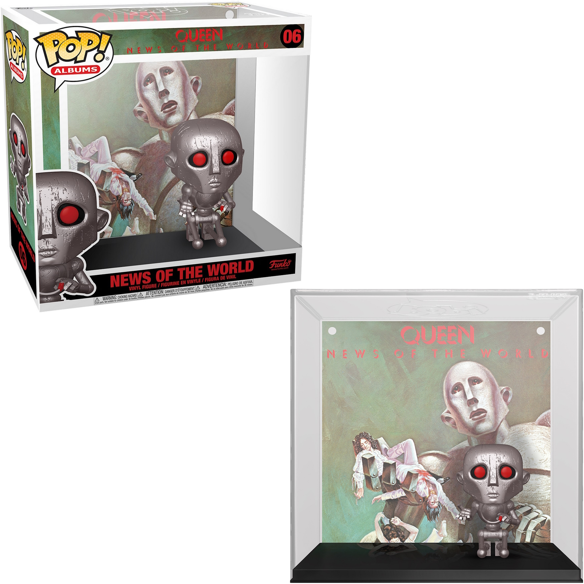 Figura Queen News of the World Funko Pop in scatola ed esposta. Viene mostrata una figura di robot.