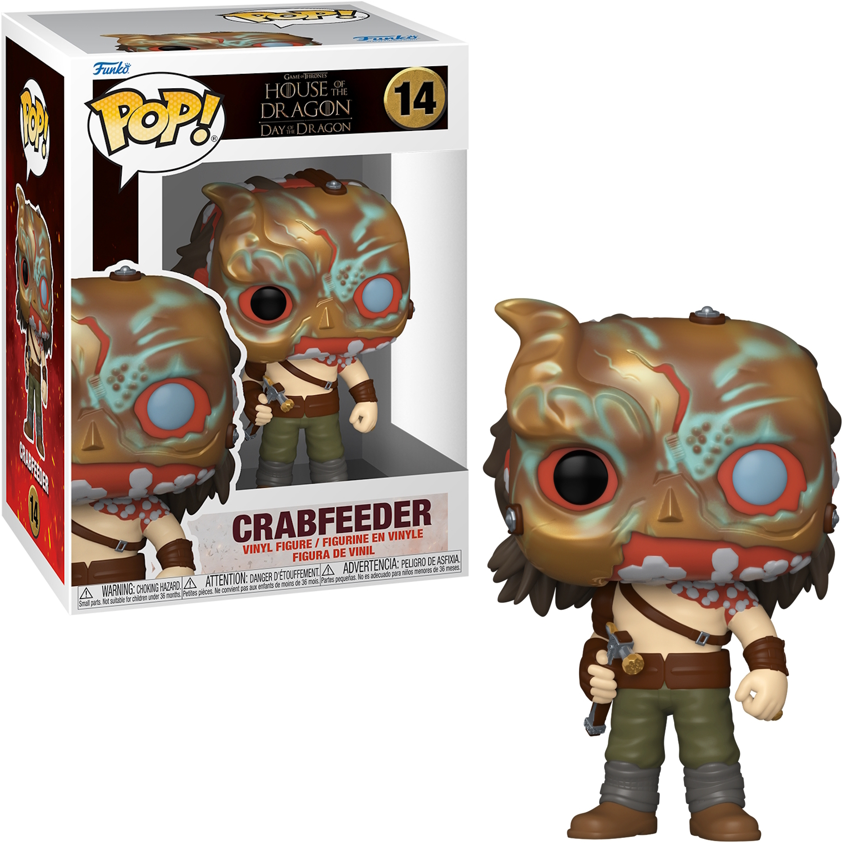Eine Funko Pop-Figur von Crabfeeder aus House of the Dragon. Die Figur hat einen beschädigten Kopf.