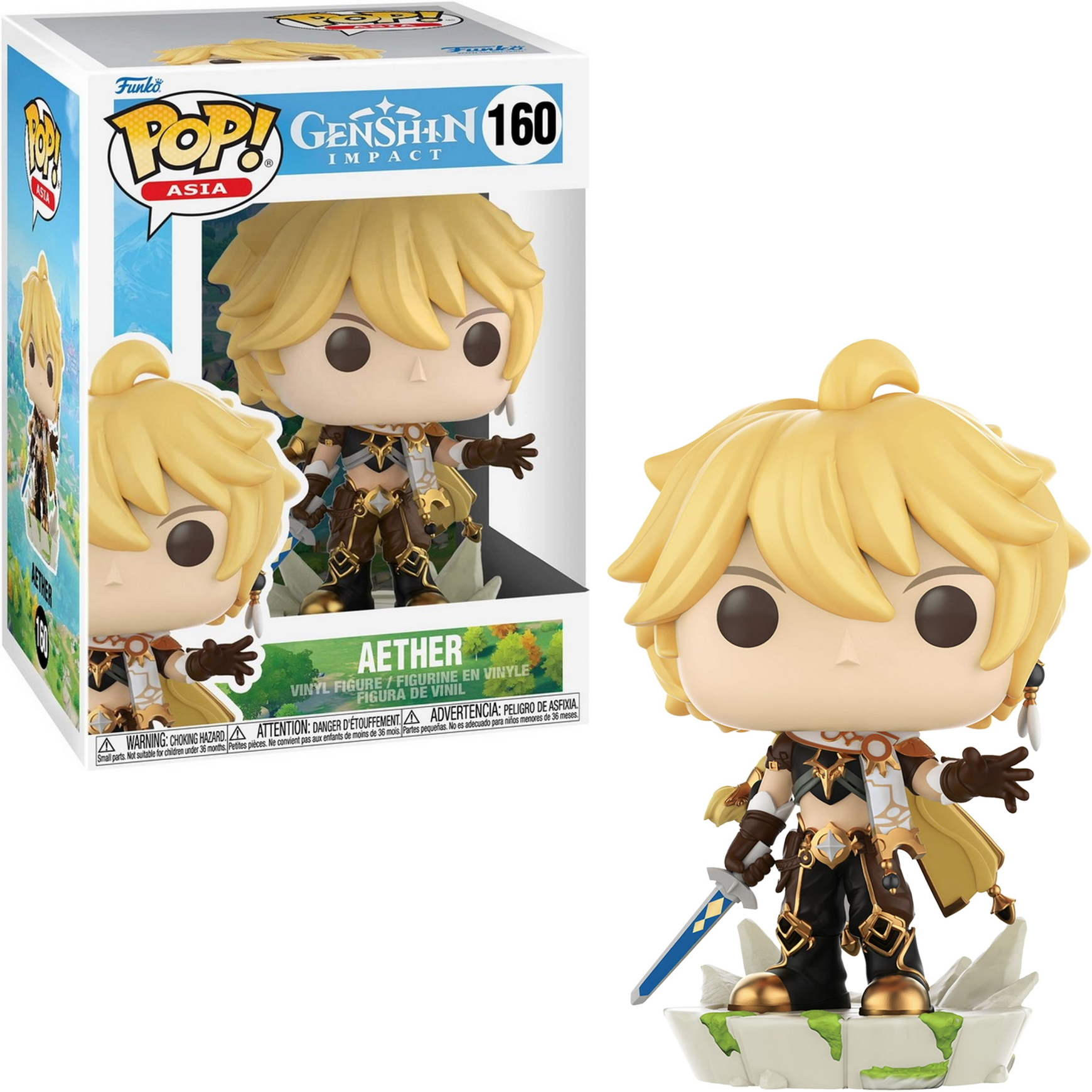 Figurina Aether Genshin Impact Funko Pop con scatola. Personaggio maschile biondo con spada.