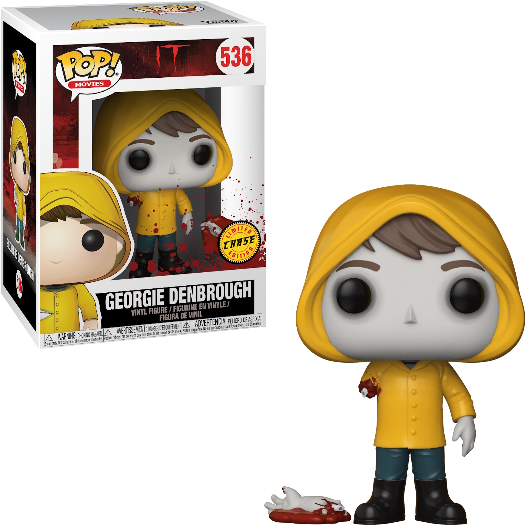 George Denbrough Funko Pop Figur in einer Box und eine Nahaufnahme. Er hält ein Papierboot.