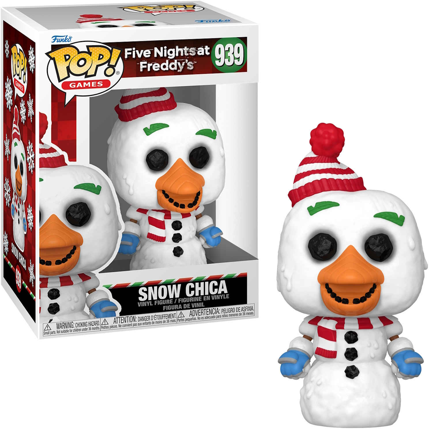 Figura Snow Chica Funko Pop, muñeco de nieve blanco con gorro y bufanda rojos.