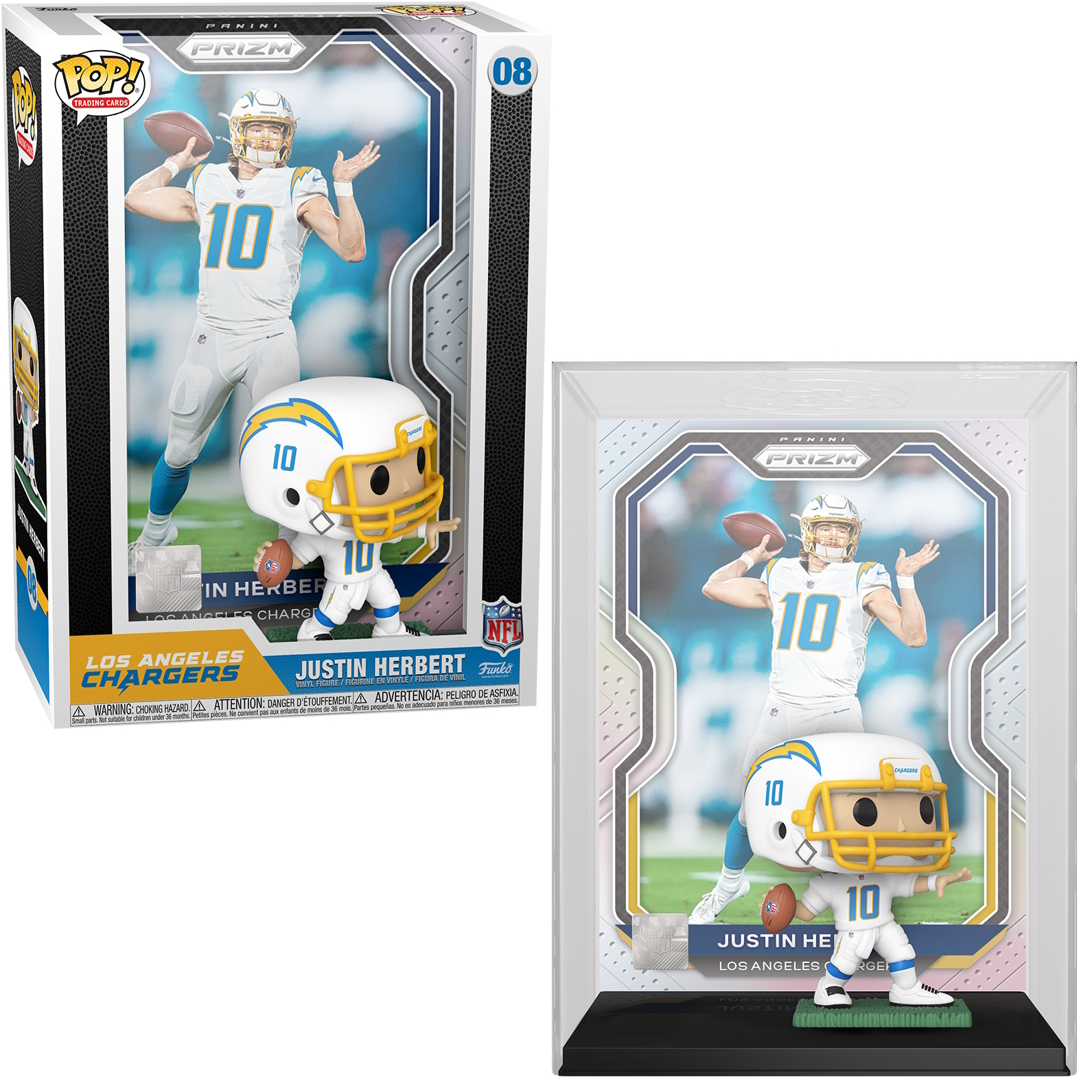 Zwei Figuren von Justin Herbert in Football-Uniform, verpackt und ausgestellt.