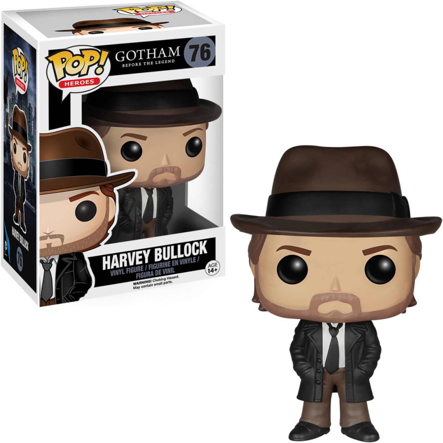 Harvey Bullock Funko Pop Figur. Er trägt einen braunen Hut und einen schwarzen Mantel. Weißer Hintergrund.