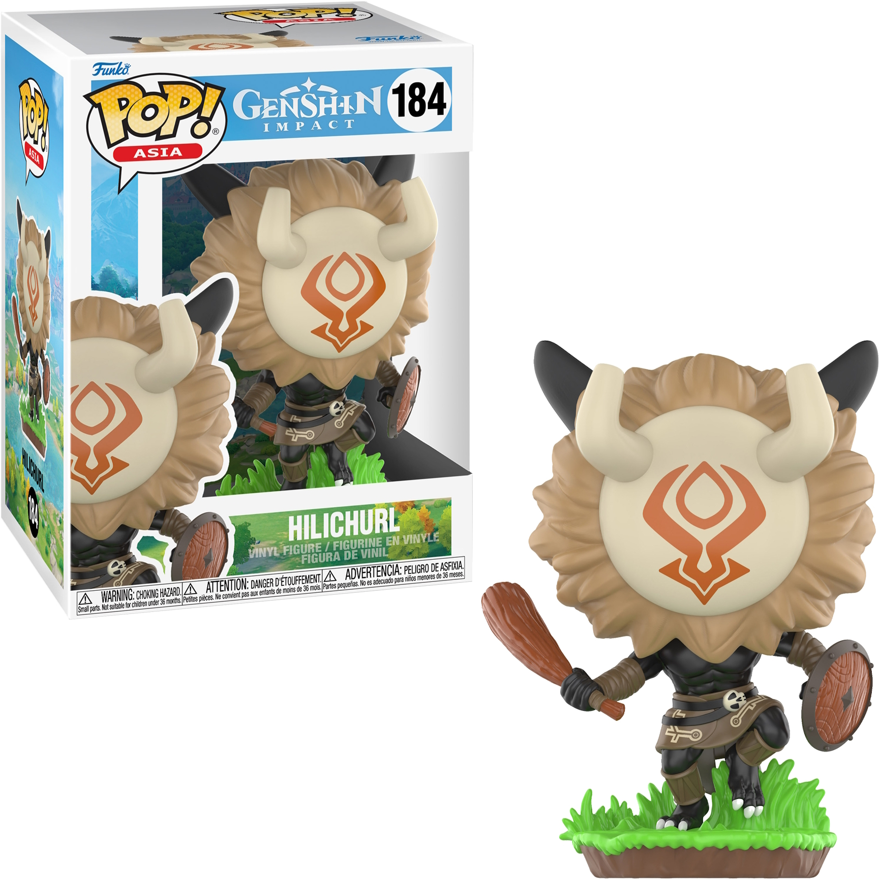 Funko Pop! figura di un personaggio Hilichurl con una mazza e uno scudo.