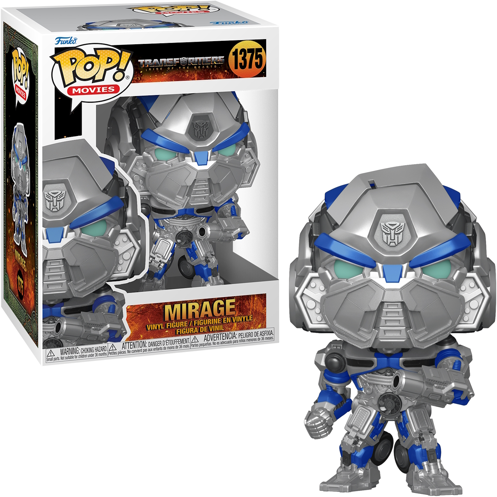 Mirage Transformer Funko Pop Figur mit Box. Figur ist silber, blaue Akzente. Weißer Hintergrund.