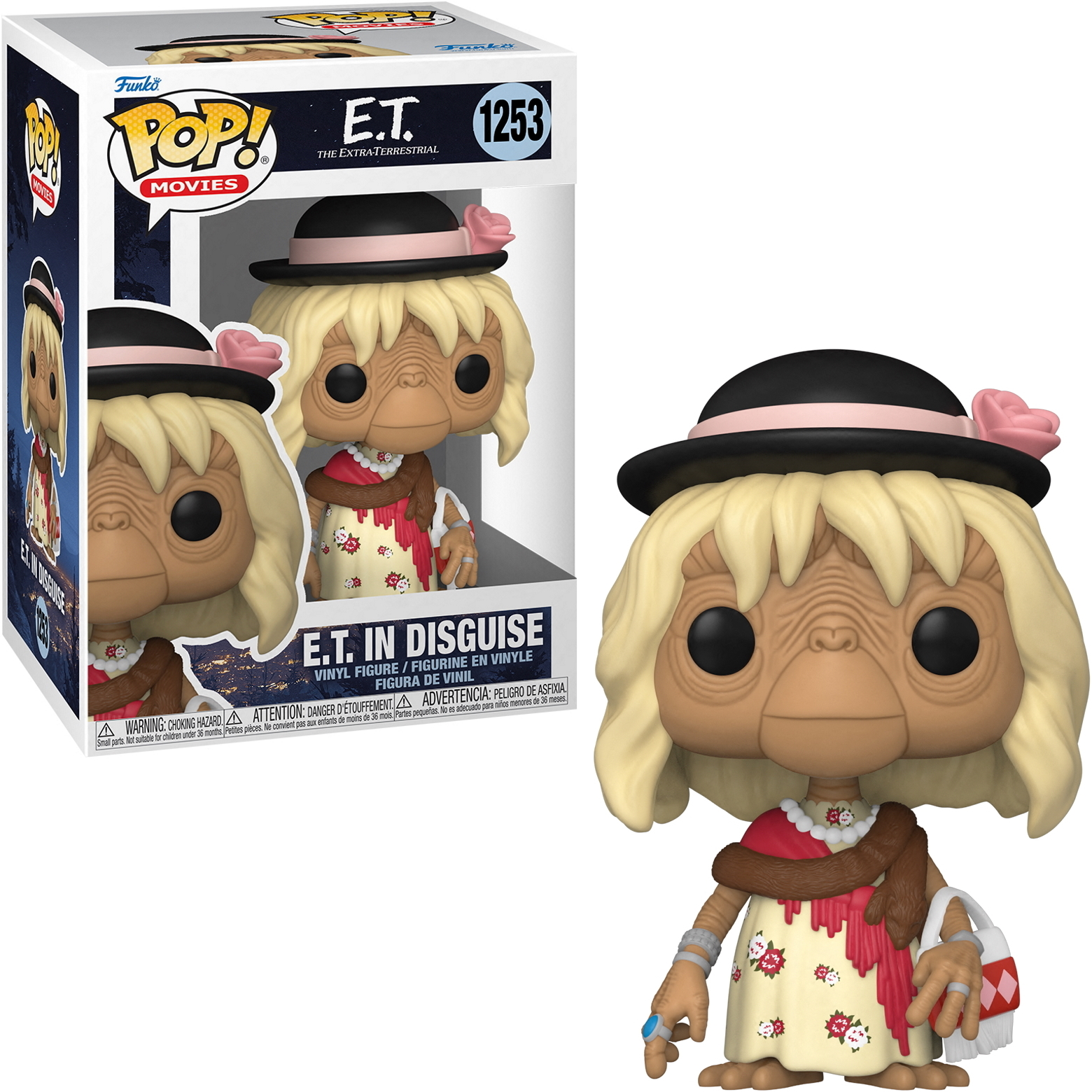 E.T. in disguise Funko Pop Figur. E.T. trägt Hut und Kleid. Box sichtbar.