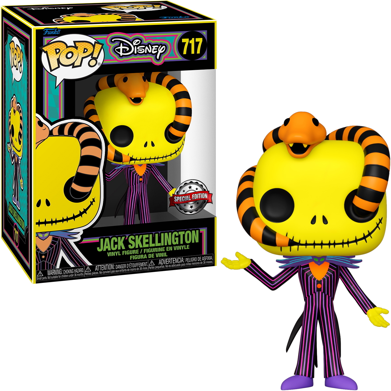 Figura de acción de Jack Skellington con caja. La figura es amarilla y lleva un traje a rayas.