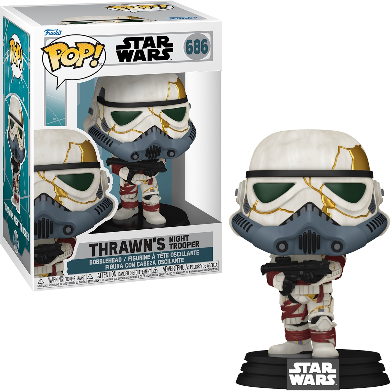Figura di Star Wars nella scatola. Elmo bianco. Armatura rossa e bianca. Base nera.