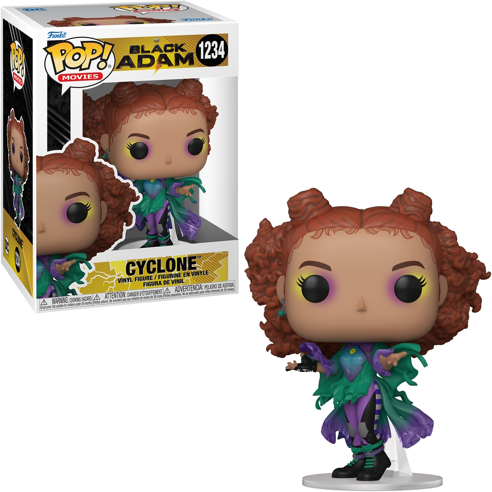 Cyclone Funko Pop figure in box and out, wearing a green and purple costume, and a white stand.