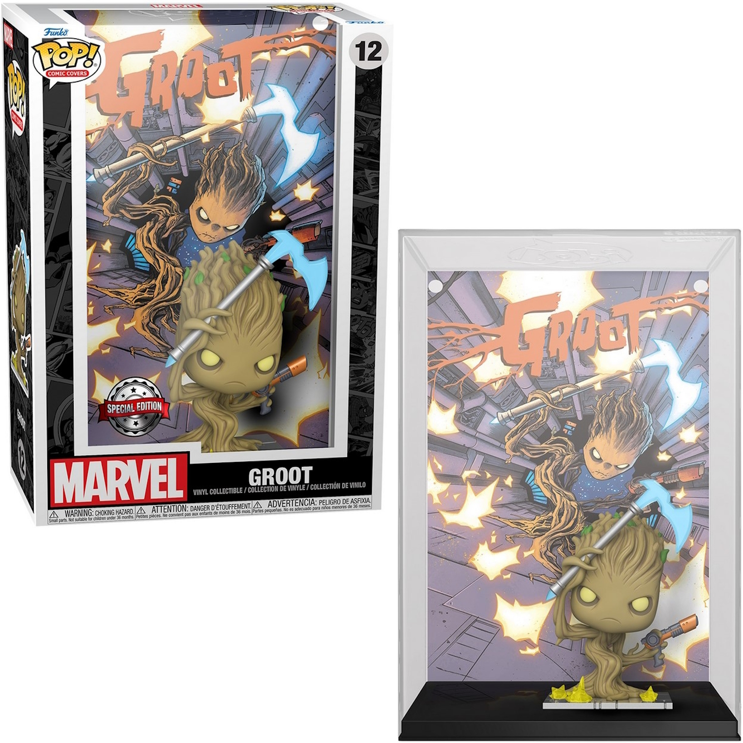 Groot Funko Pop Figur mit Schachtel und Vitrine im Hintergrund.