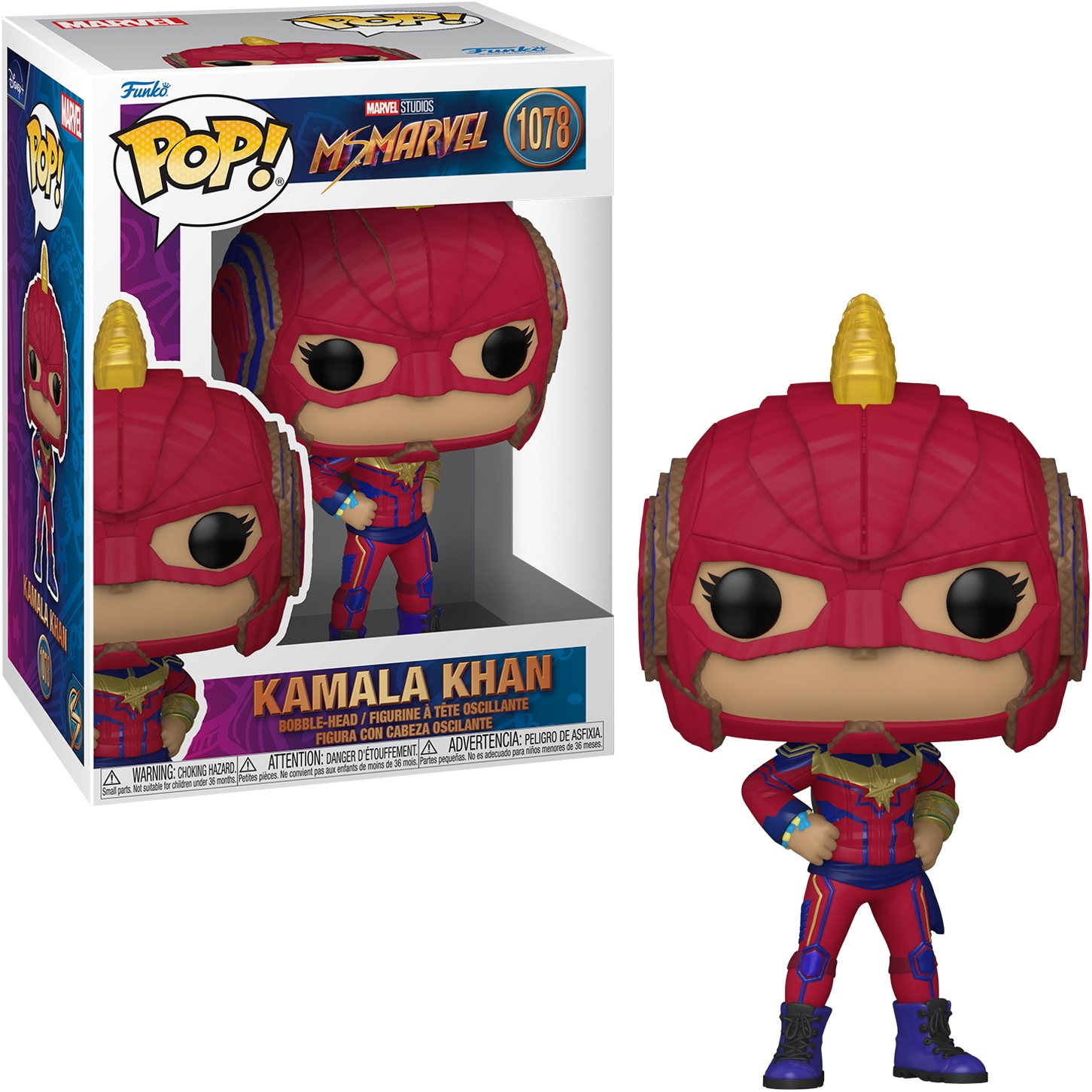 Una figura di Ms. Marvel Funko Pop in una scatola e una figura singola.