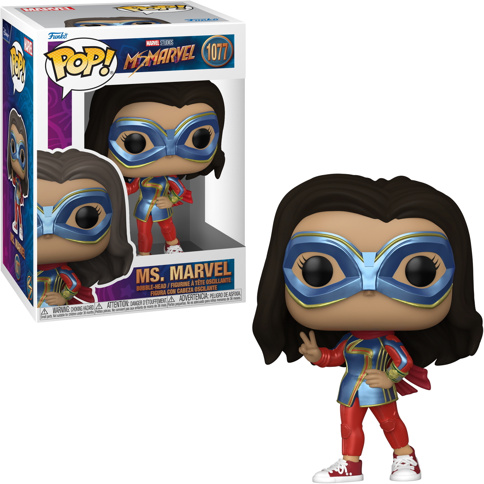 Figurka Ms. Marvel Funko Pop, pudełko i figurka. Brązowe włosy, niebieska maska, czerwono-niebieski strój i białe trampki.