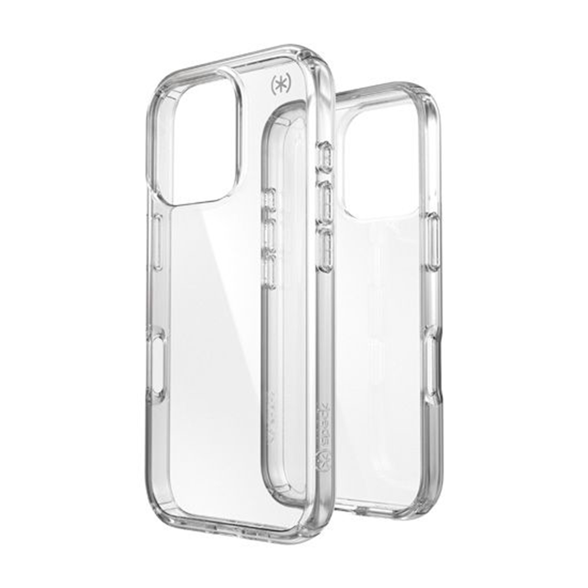 Due custodie trasparenti per telefoni. Sono trasparenti e mostrano il design del telefono, con sfondo bianco.