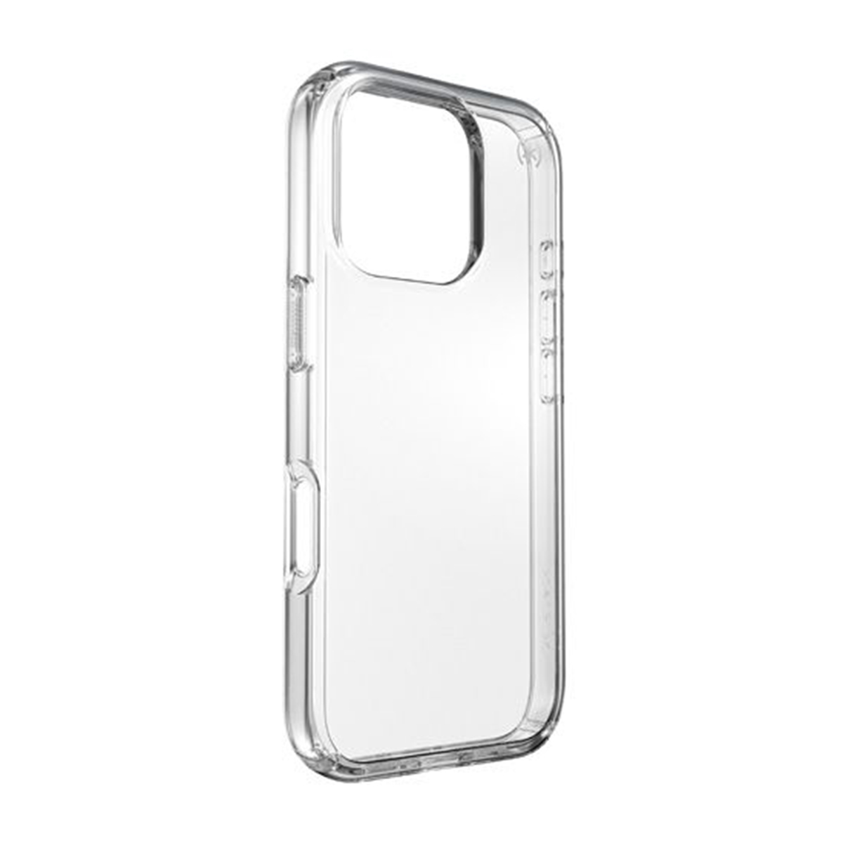 Custodia trasparente per telefono. È realizzata in plastica trasparente e ha fori per fotocamera e pulsanti.