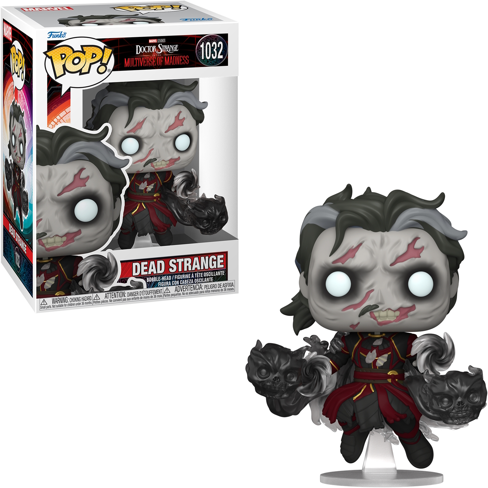 Una figura Funko Pop di Dead Strange da Doctor Strange. La figura è su un supporto e ha una scatola accanto.