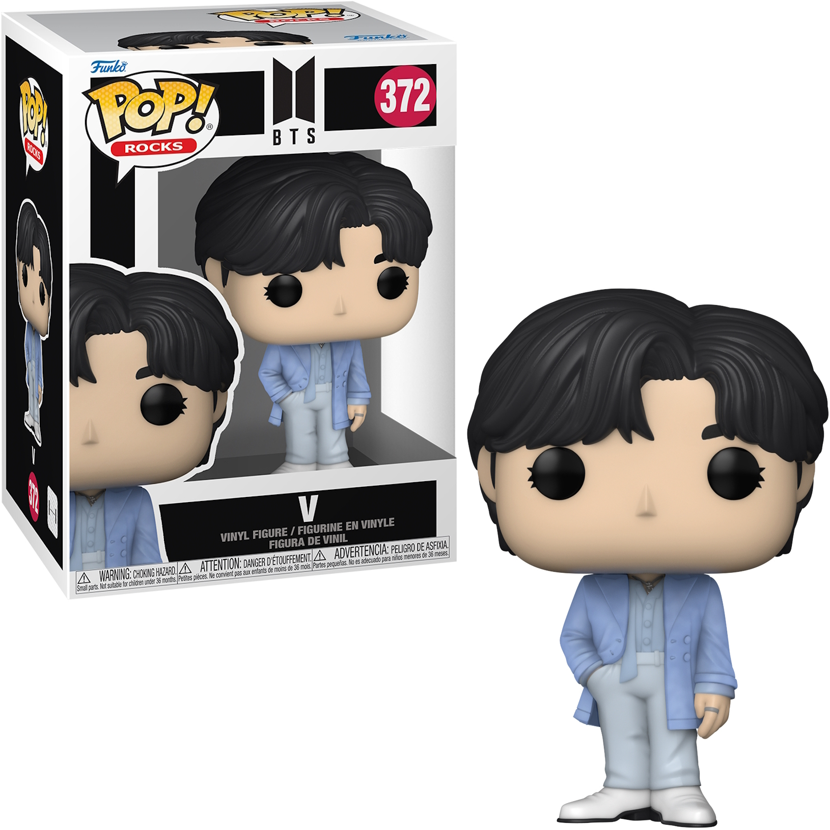 Funko Pop di V dei BTS, una boy band sudcoreana, in una scatola ed esposto singolarmente.