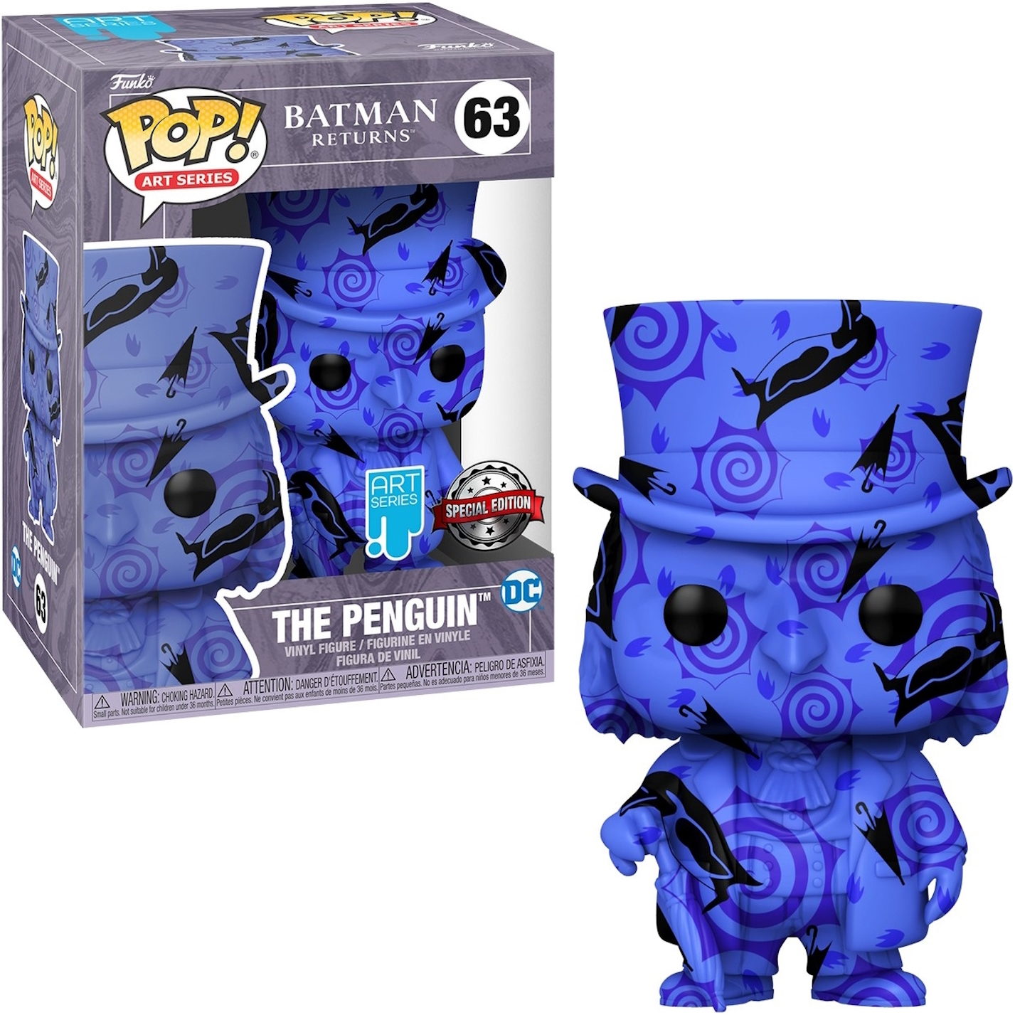 Funko Pop Figur von The Penguin in einer Box. Die Figur hat ein blaues und lila Design.