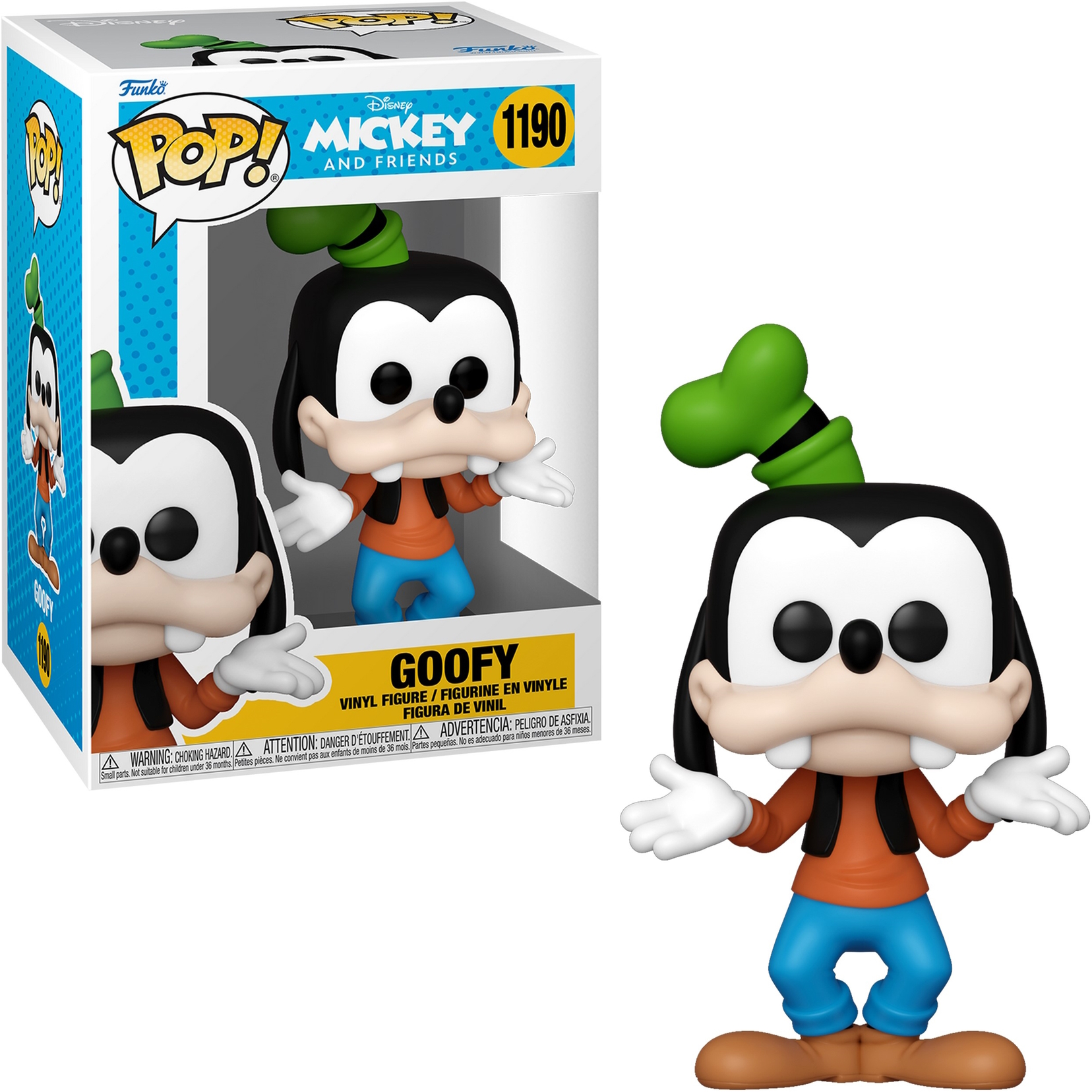 Funko Pop Goofy'ego, postaci Disneya, w pudełku i wyświetlany pojedynczo.