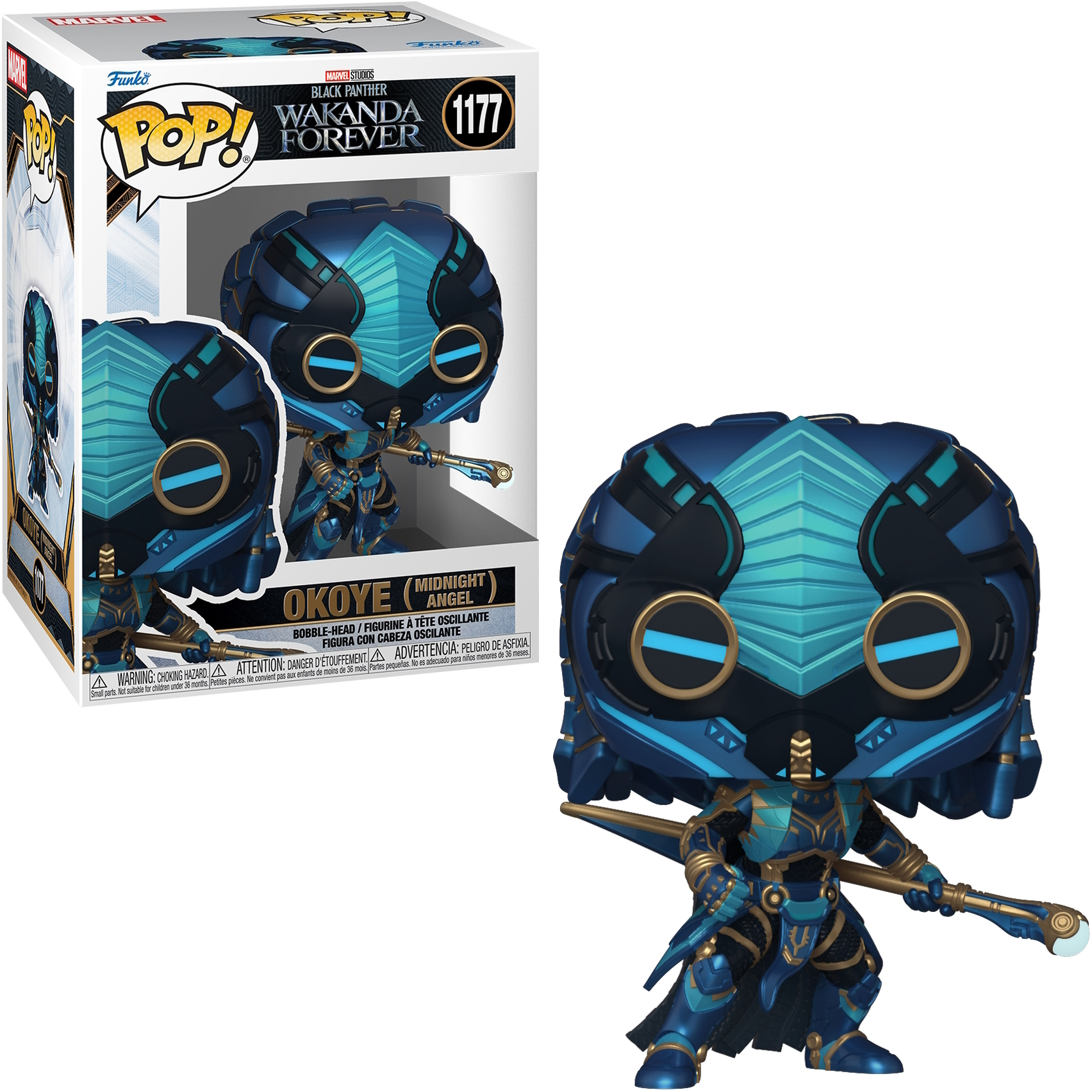 Una figura Funko Pop! de Midnight Angel de Black Panther: Wakanda Forever. Es una figura azul.