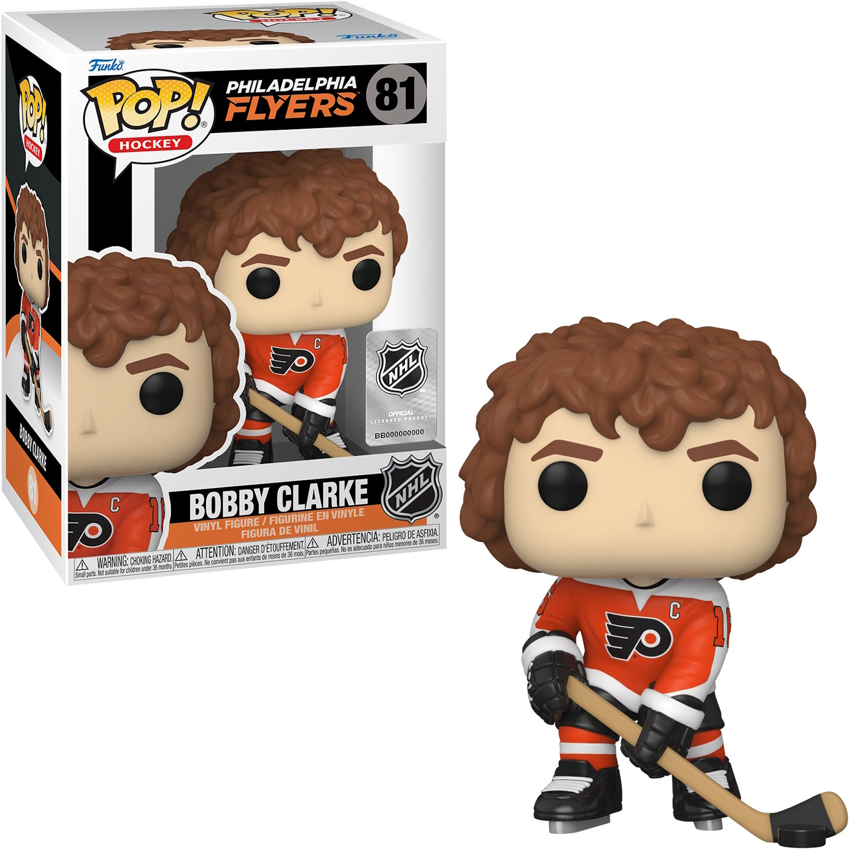 Bobby Clarke Funko Pop! Hockeyfigur in und aus der Box. Orangefarbenes und schwarzes Trikot, hält einen Hockeyschläger.