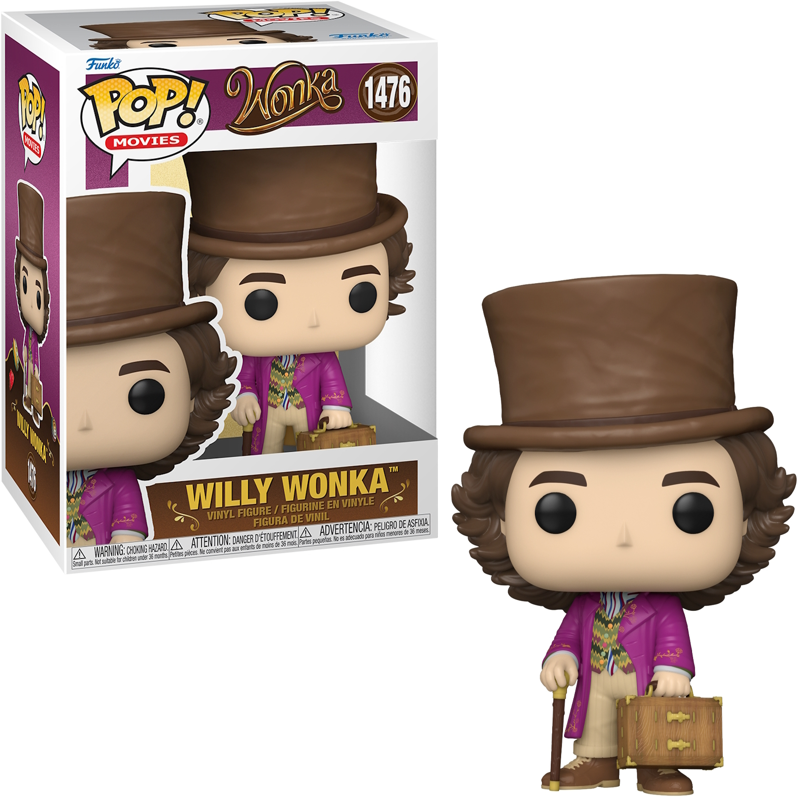 Figurina di Willy Wonka con scatola, cappotto viola e cilindro marrone.