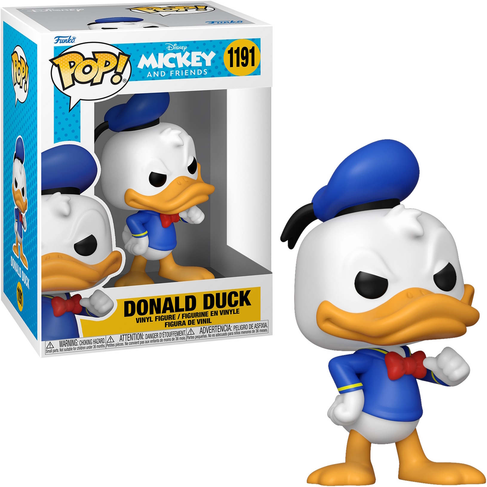 Figurka Funko Pop Kaczora Donalda w pudełku i poza nim. Nosi niebieski kapelusz, muszkę i ma złą minę.