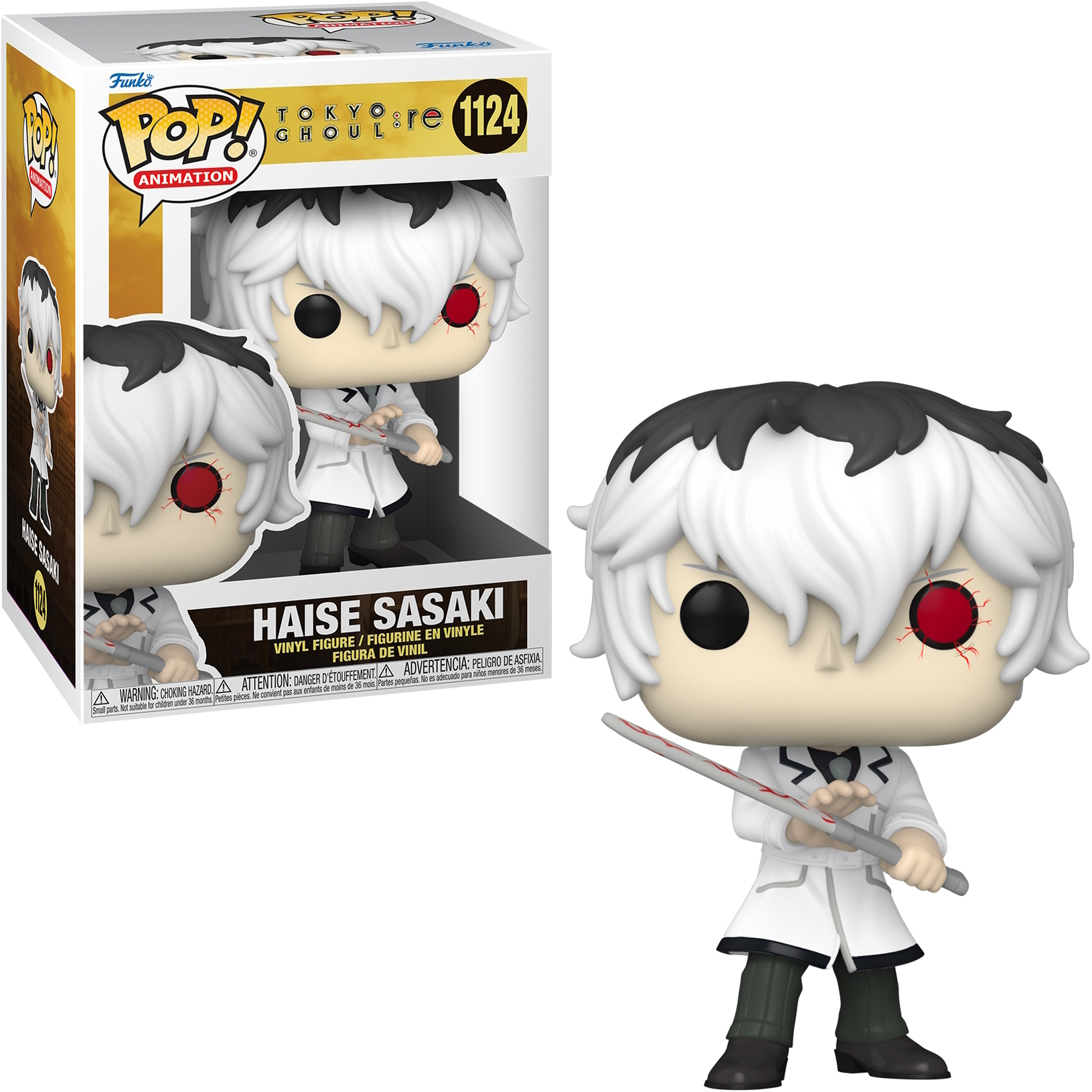 Funko Pop di Haise Sasaki con spada, cappotto bianco e scatola Funko sullo sfondo.