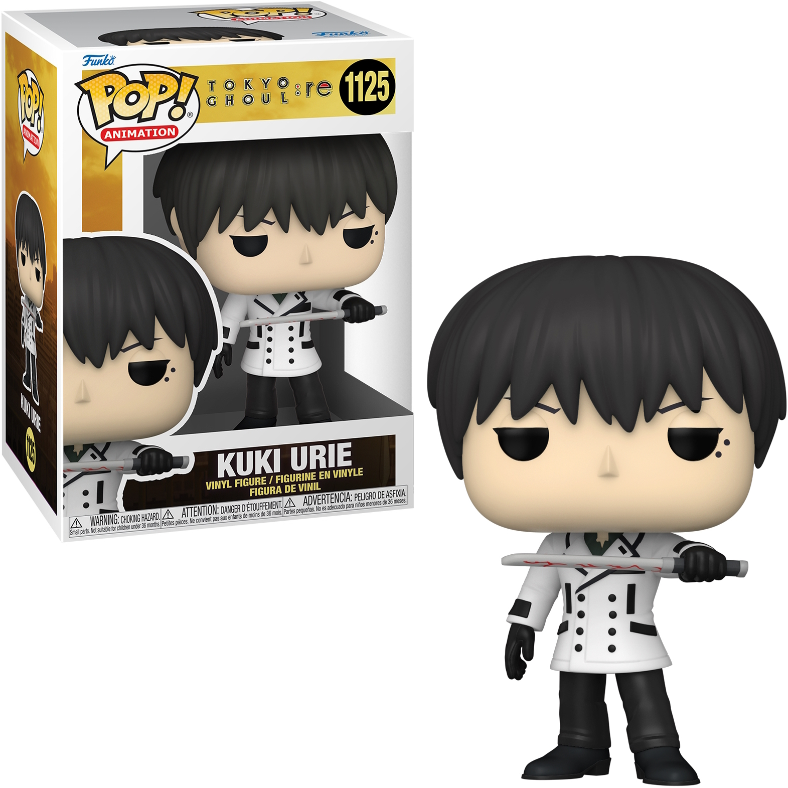 Kuki Urie figurine holding two swords. He wears a white coat with black pants and has black hair.
