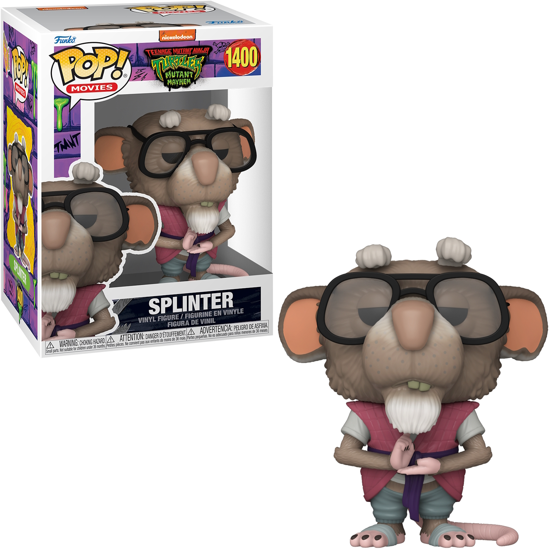 Una figura Funko Pop di Splinter in una scatola. Splinter è un topo con occhiali e un gilet rosa.