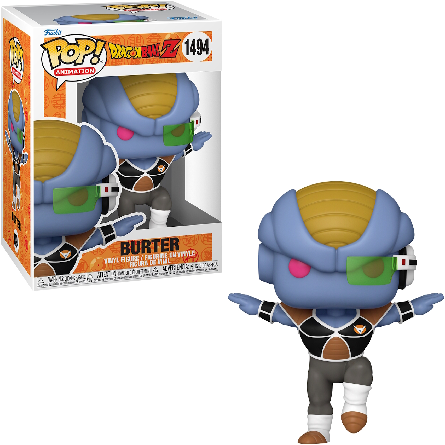 Figur von Burter aus Dragon Ball Z. Es ist blau und hat einen gelben Helm und ein grünes Visier.