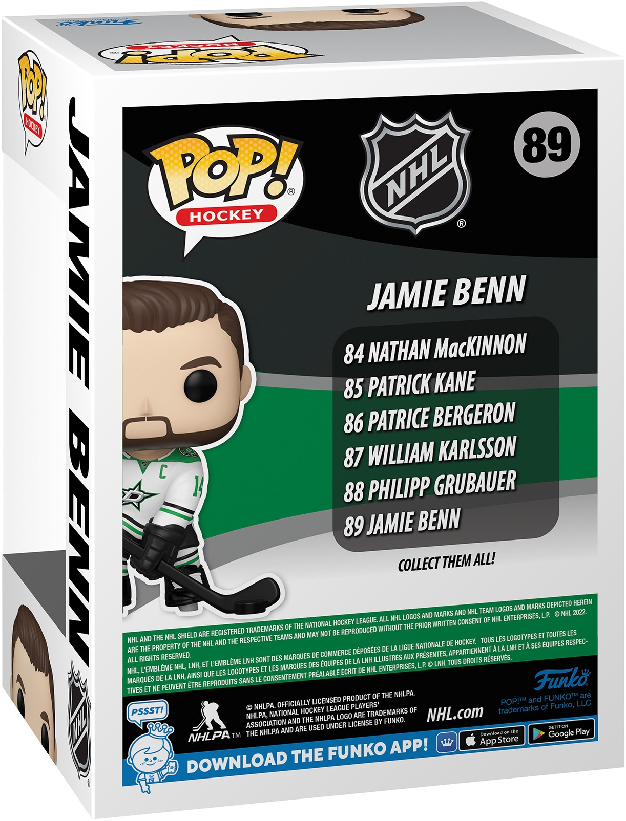 Eine Funko Pop-Box zeigt Jamie Benn, einen Hockeyspieler, und die Namen anderer Spieler.