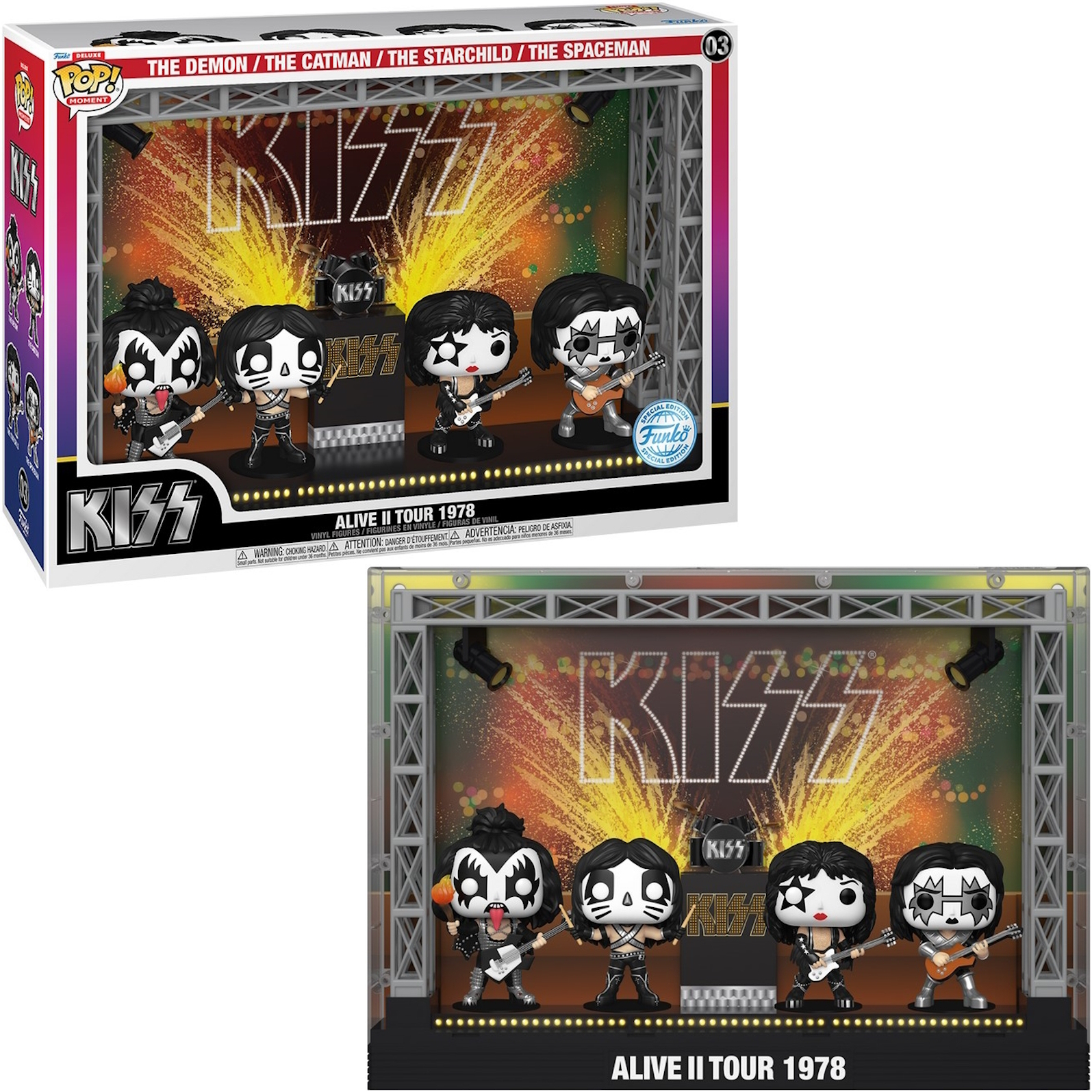 Kiss-Bandfiguren in einer Box. Vier Figuren befinden sich in der Box, auf einer Bühne. Die Box-Art ist ebenfalls sichtbar.